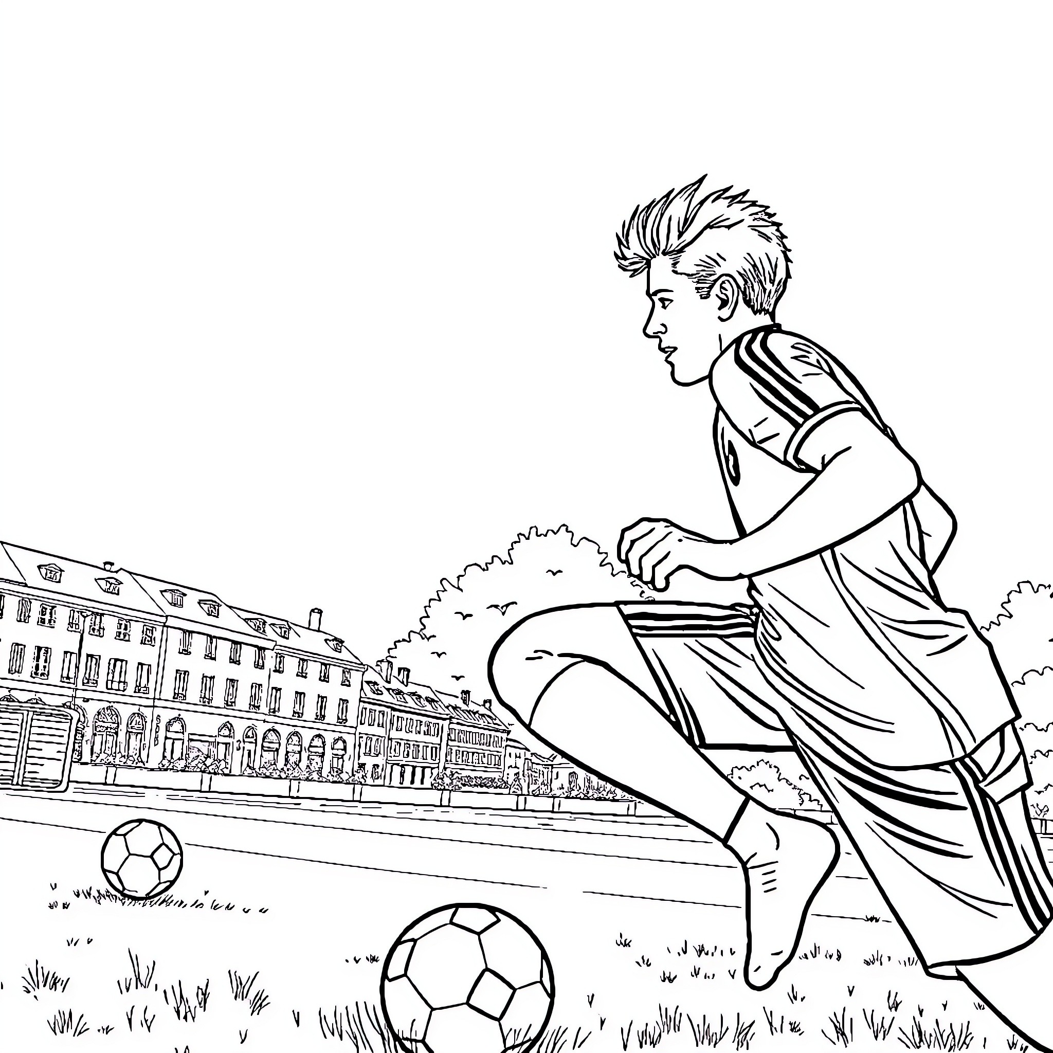 Nicolas Fustier playing with soccer balls on the field Coloring Page (free black-and-white line drawing printable PDF for all, from beginners to advanced learners, including children, teens, adults, and seniors)