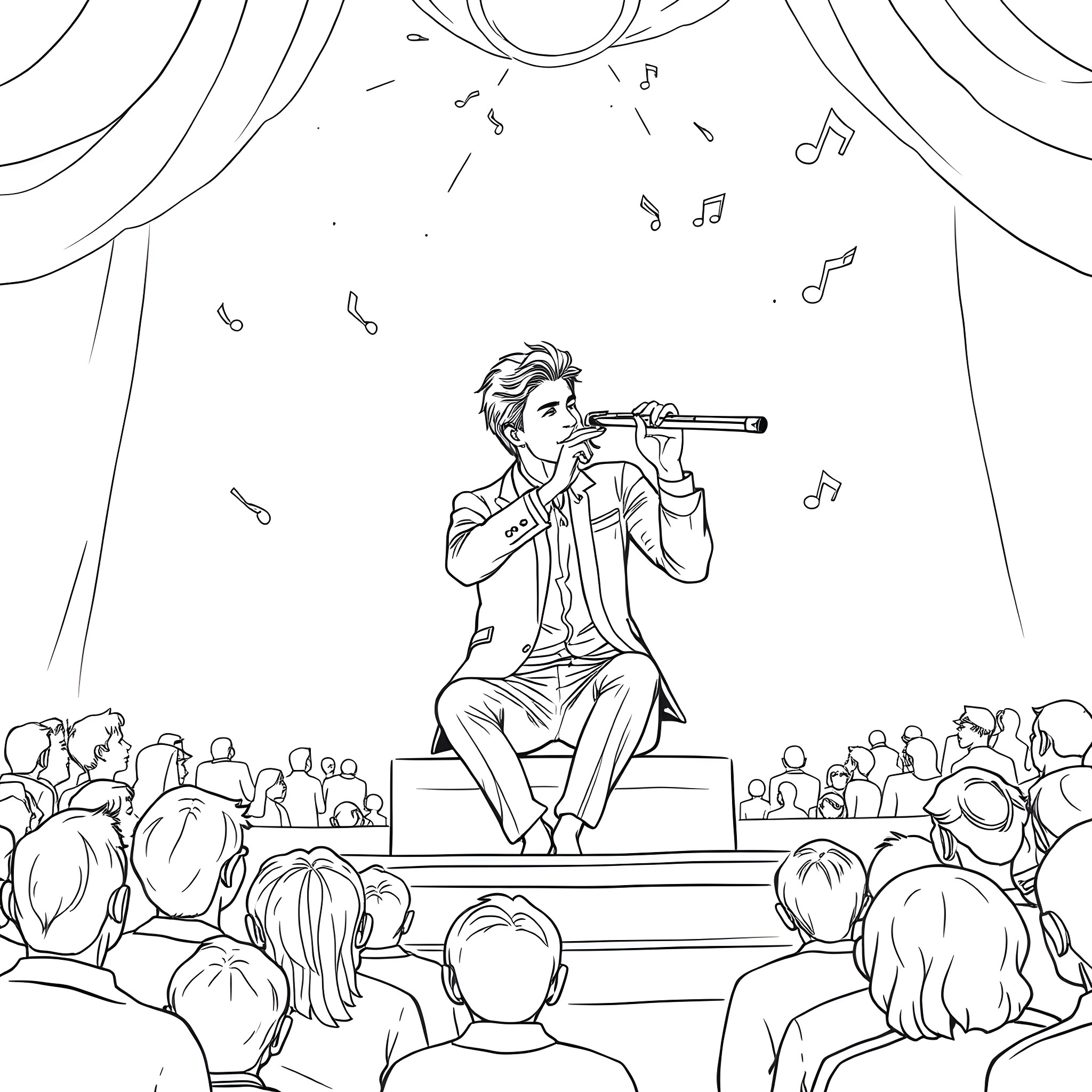John Stamos performing on stage with audience Coloring Page (free black-and-white line drawing printable PDF for all, from beginners to advanced learners, including children, teens, adults, and seniors)