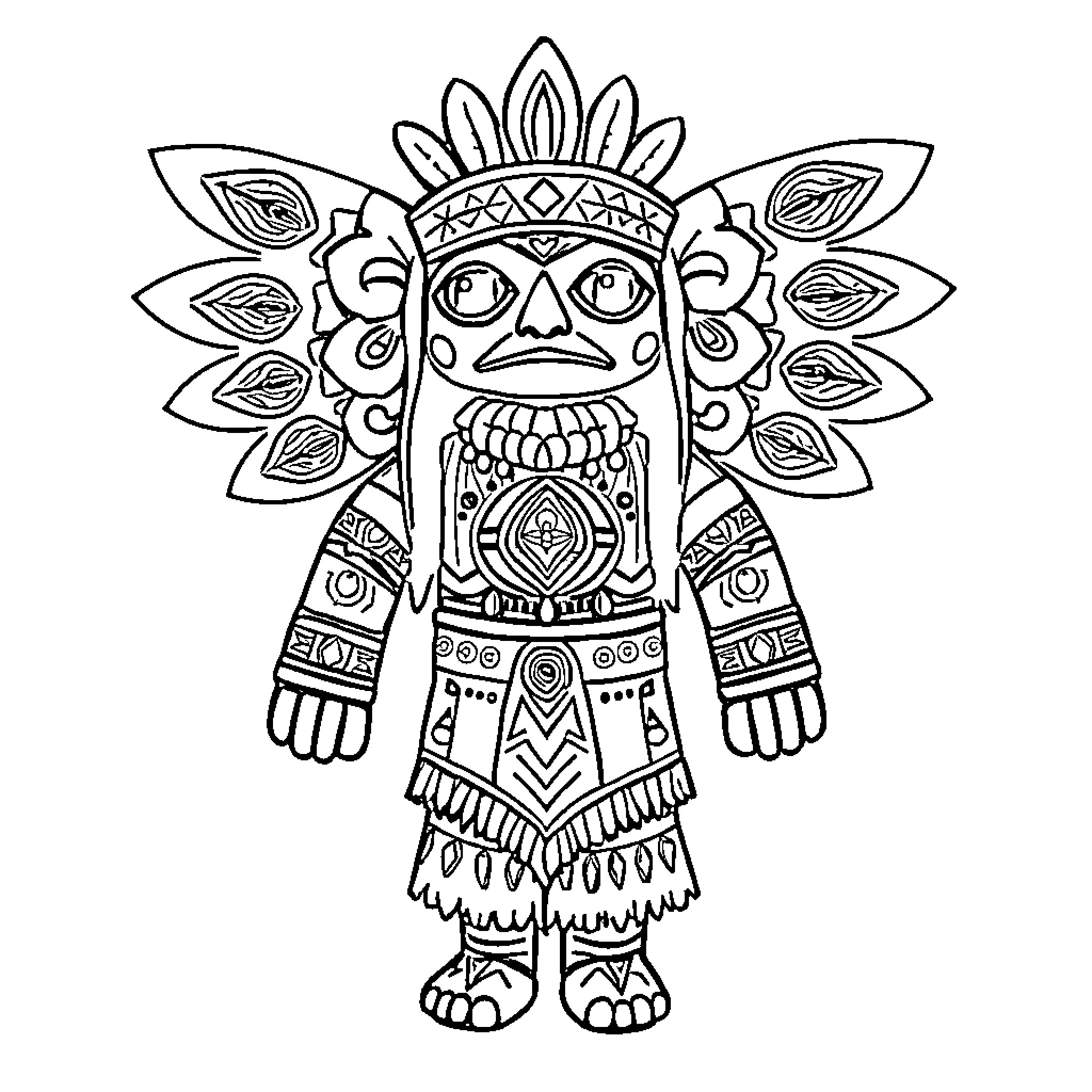 Kachina figure with elaborate headdress and decorative attire Coloring Page (free black-and-white line drawing printable PDF for all, from beginners to advanced learners, including children, teens, adults, and seniors)
