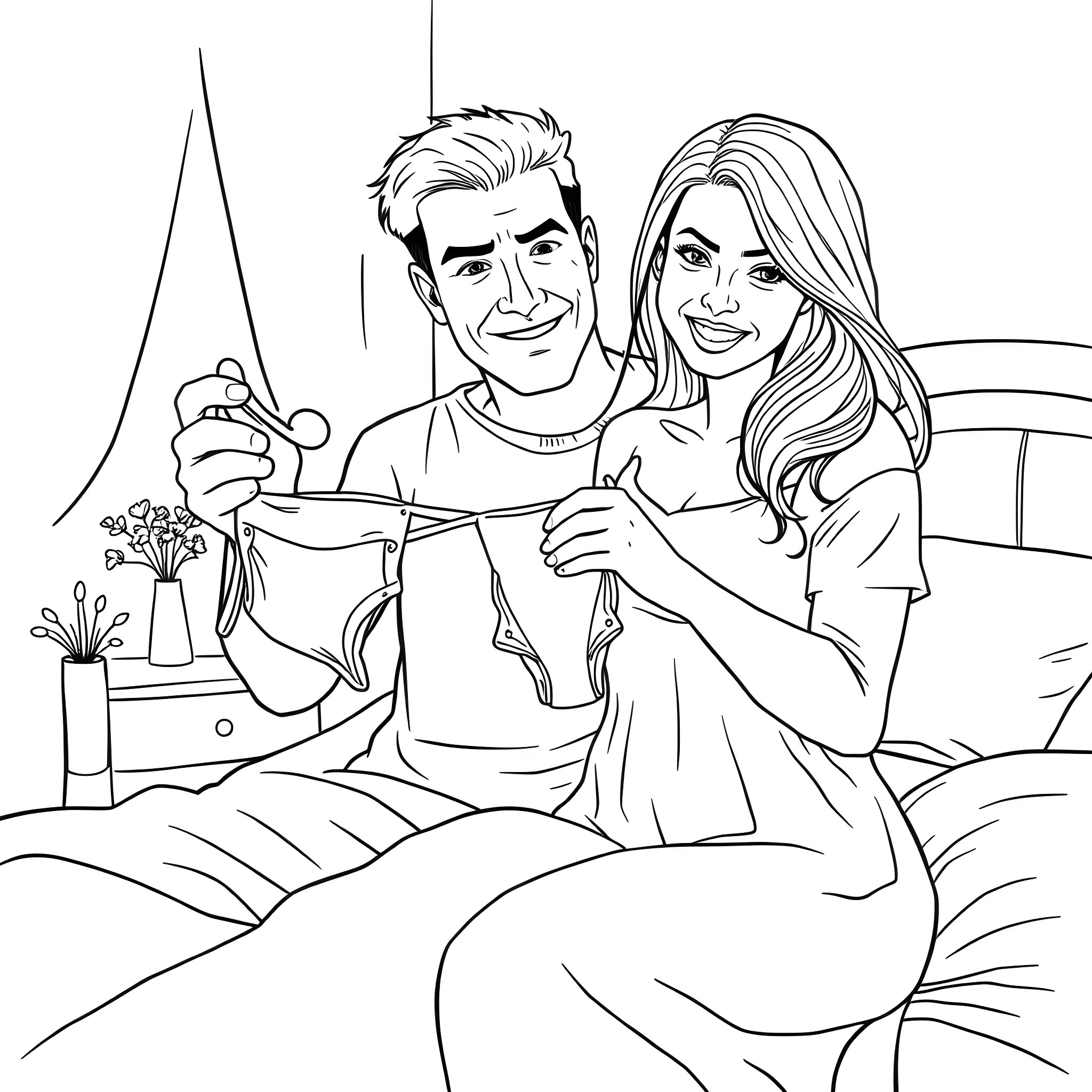 Wife and husband enjoying a cozy moment together Coloring Page (free black-and-white line drawing printable PDF for all, from beginners to advanced learners, including children, teens, adults, and seniors)
