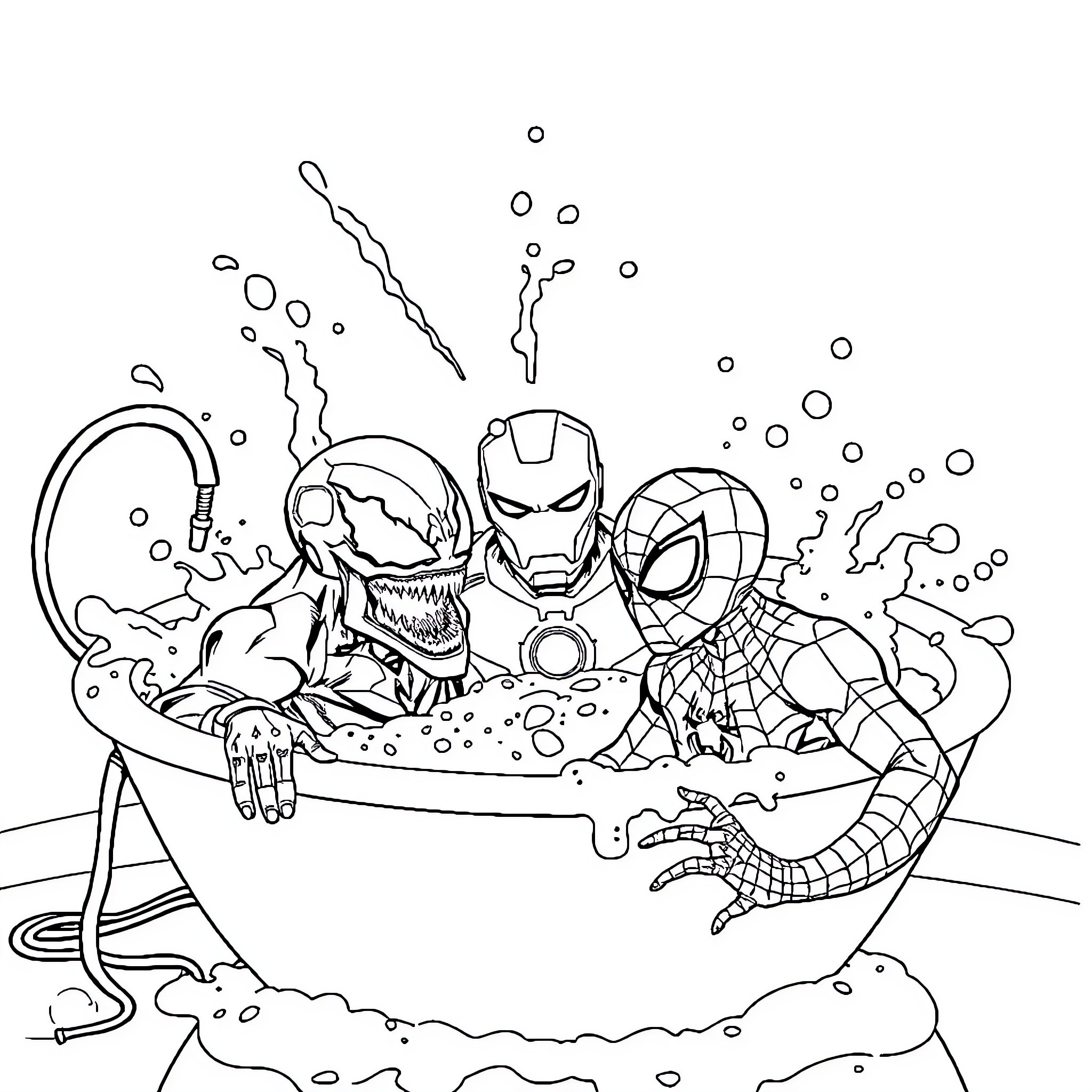 Venom and Marvel Superheroes in Dynamic Action Coloring Page (free black-and-white line drawing printable PDF for all, from beginners to advanced learners, including children, teens, adults, and seniors)