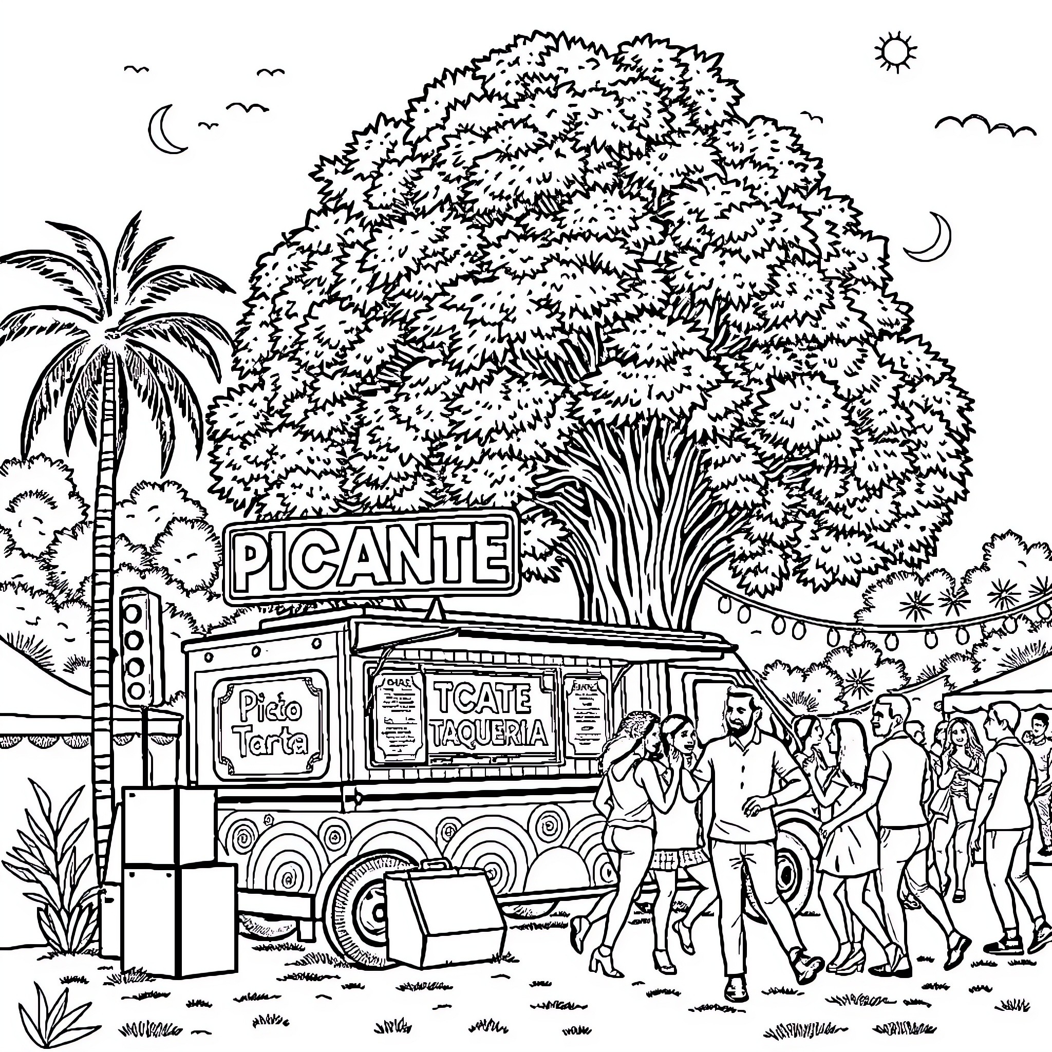 Taco Truck serving delicious fare in a lively outdoor setting Coloring Page (free black-and-white line drawing printable PDF for all, from beginners to advanced learners, including children, teens, adults, and seniors)