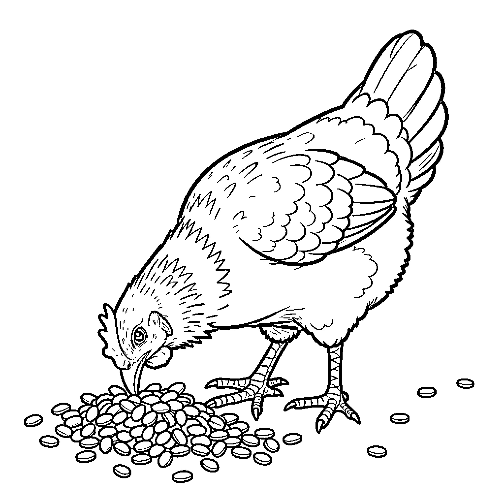 Chicken pecking at a pile of seeds on the ground Coloring Page (free black-and-white line drawing printable PDF for all, from beginners to advanced learners, including children, teens, adults, and seniors)