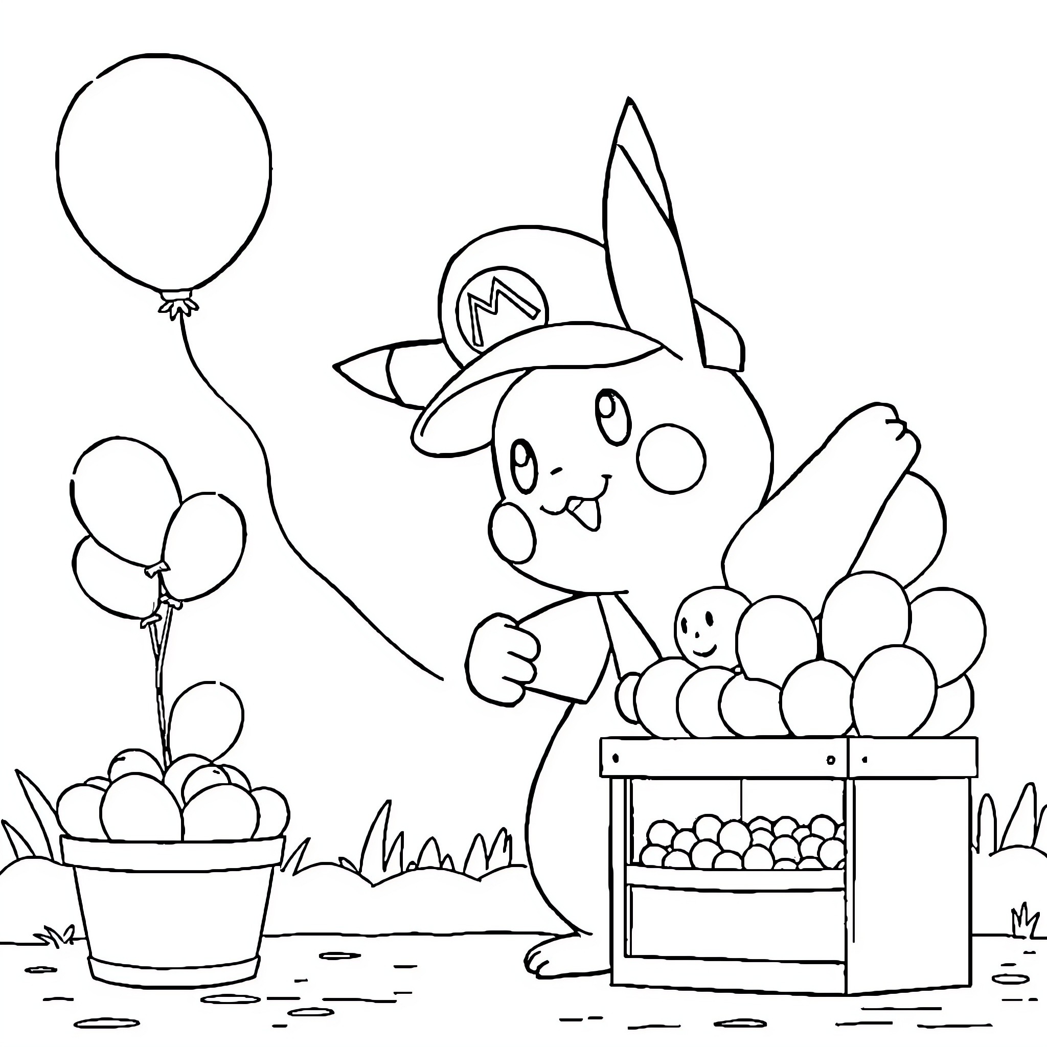 Pikachu selling colorful balloons at a market stall Coloring Page (free black-and-white line drawing printable PDF for all, from beginners to advanced learners, including children, teens, adults, and seniors)
