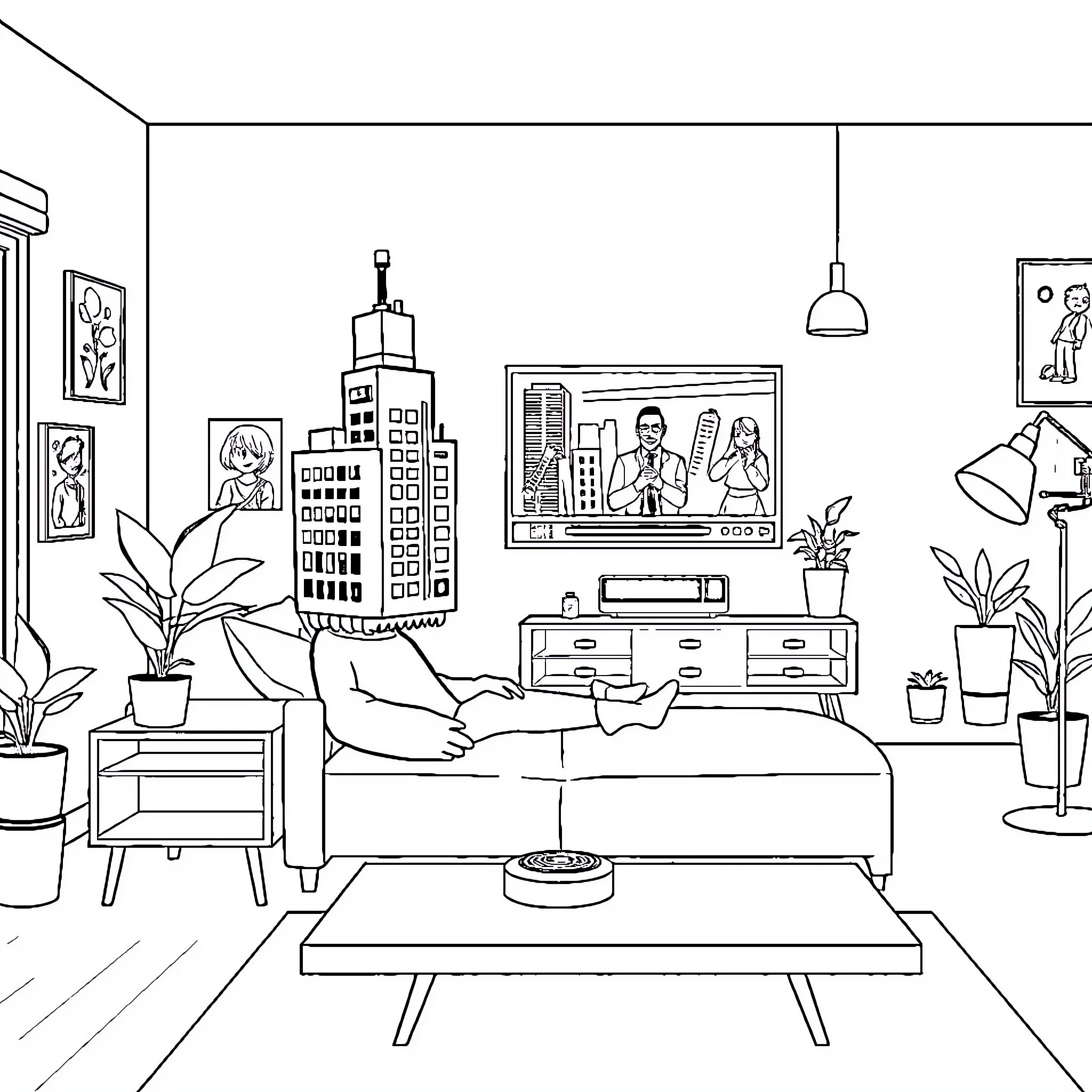 Cartoon Character Living Room with TV and Plants Coloring Page (free black-and-white line drawing printable PDF for all, from beginners to advanced learners, including children, teens, adults, and seniors)