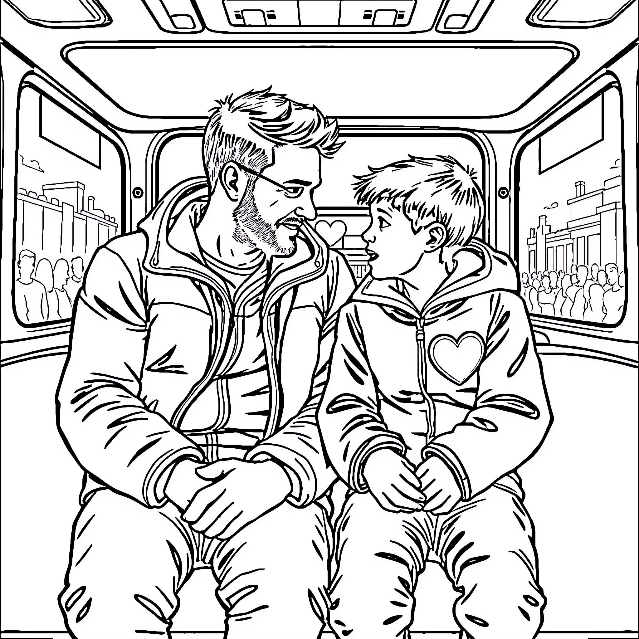 Father and Son Bonding on the Bus Coloring Page (free black-and-white line drawing printable PDF for all, from beginners to advanced learners, including children, teens, adults, and seniors)