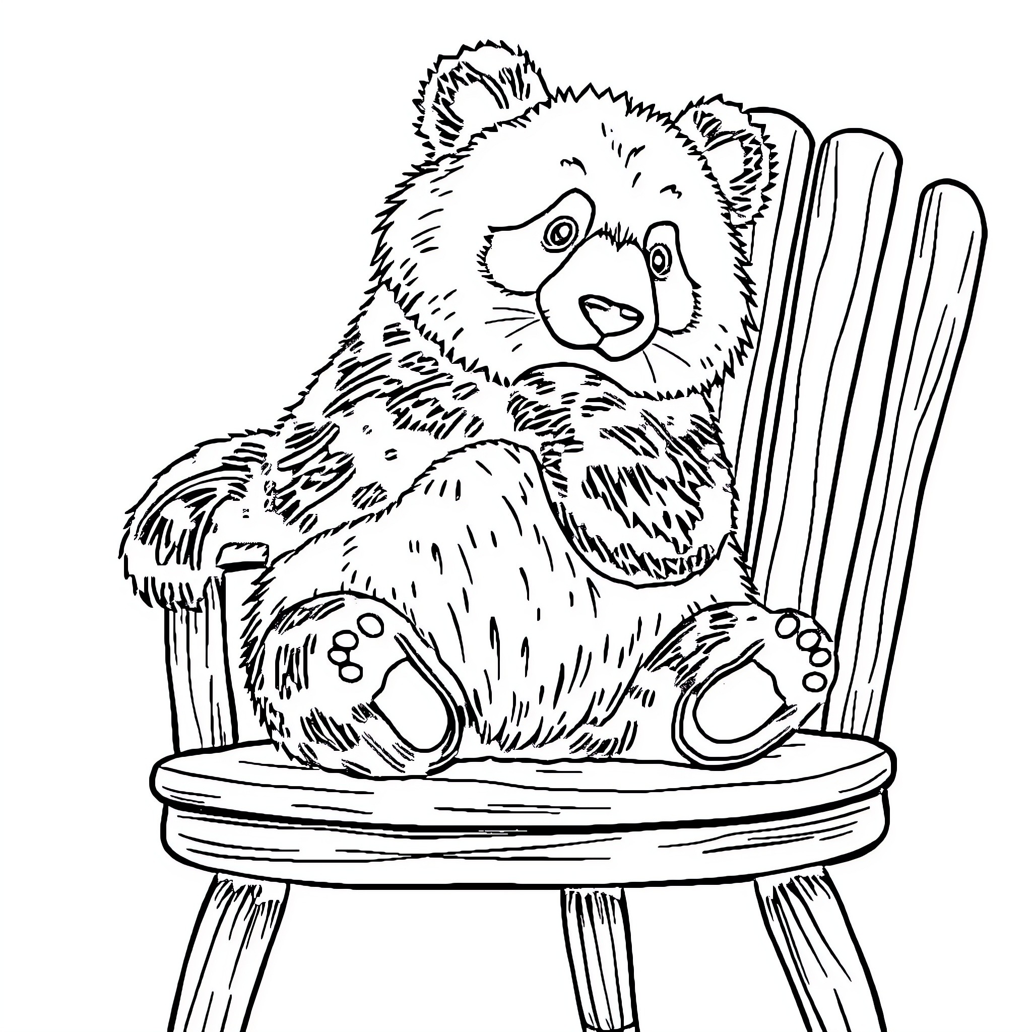 Panda sitting playfully on chair Coloring Page (free black-and-white line drawing printable PDF for all, from beginners to advanced learners, including children, teens, adults, and seniors)