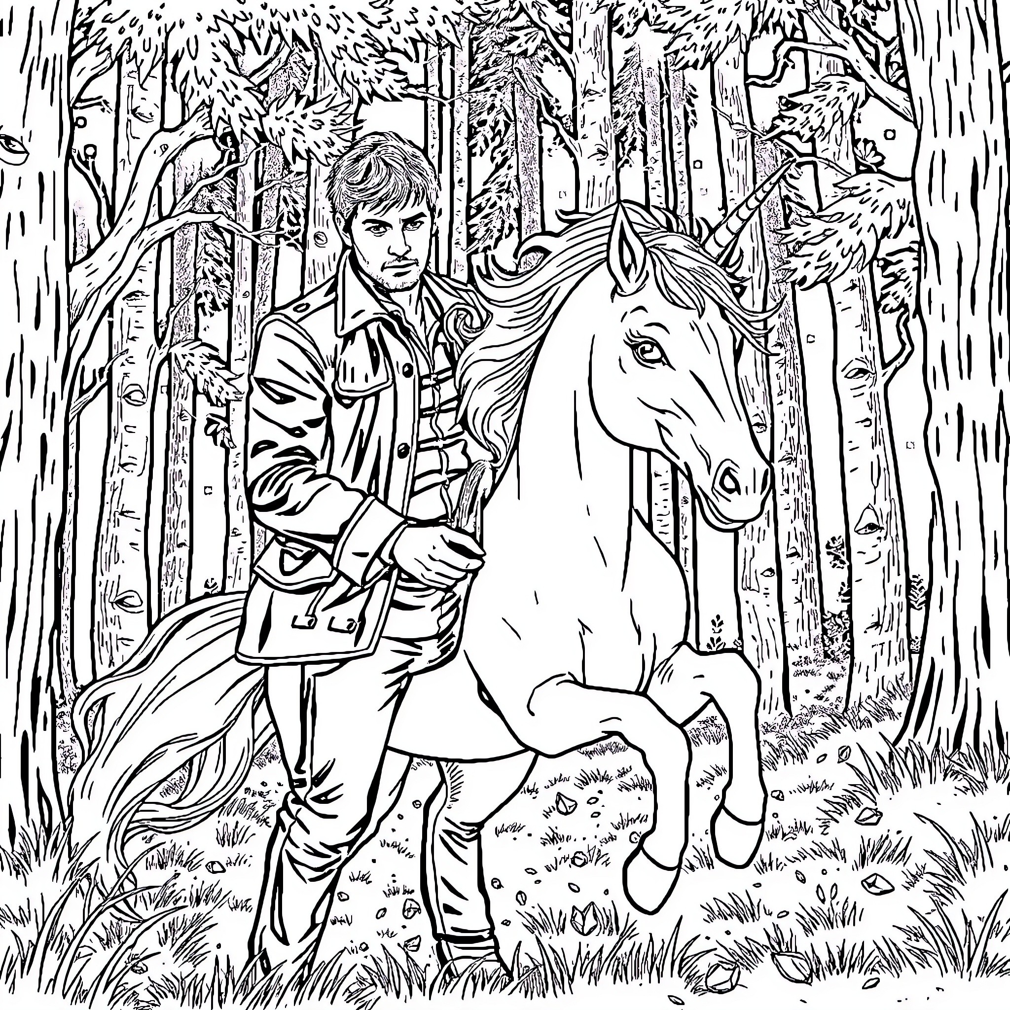 Dean Winchester riding a white horse in the forest Coloring Page (free black-and-white line drawing printable PDF for all, from beginners to advanced learners, including children, teens, adults, and seniors)