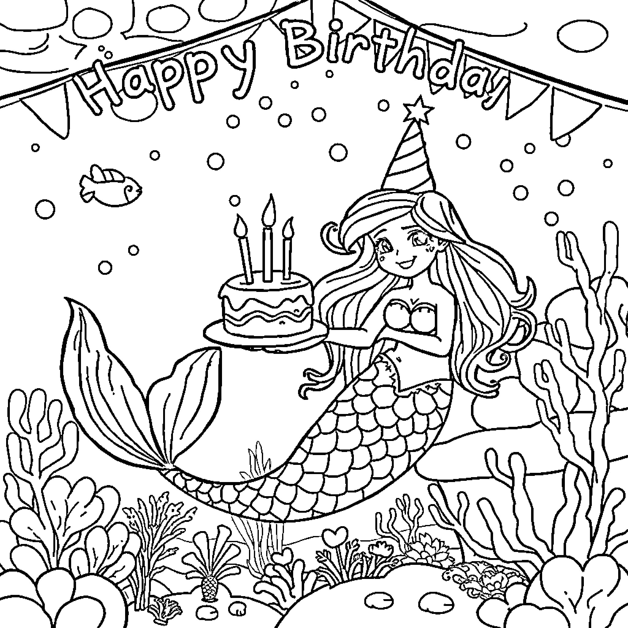 Mermaid celebrating a birthday underwater Coloring Page (free black-and-white line drawing printable PDF for all, from beginners to advanced learners, including children, teens, adults, and seniors)