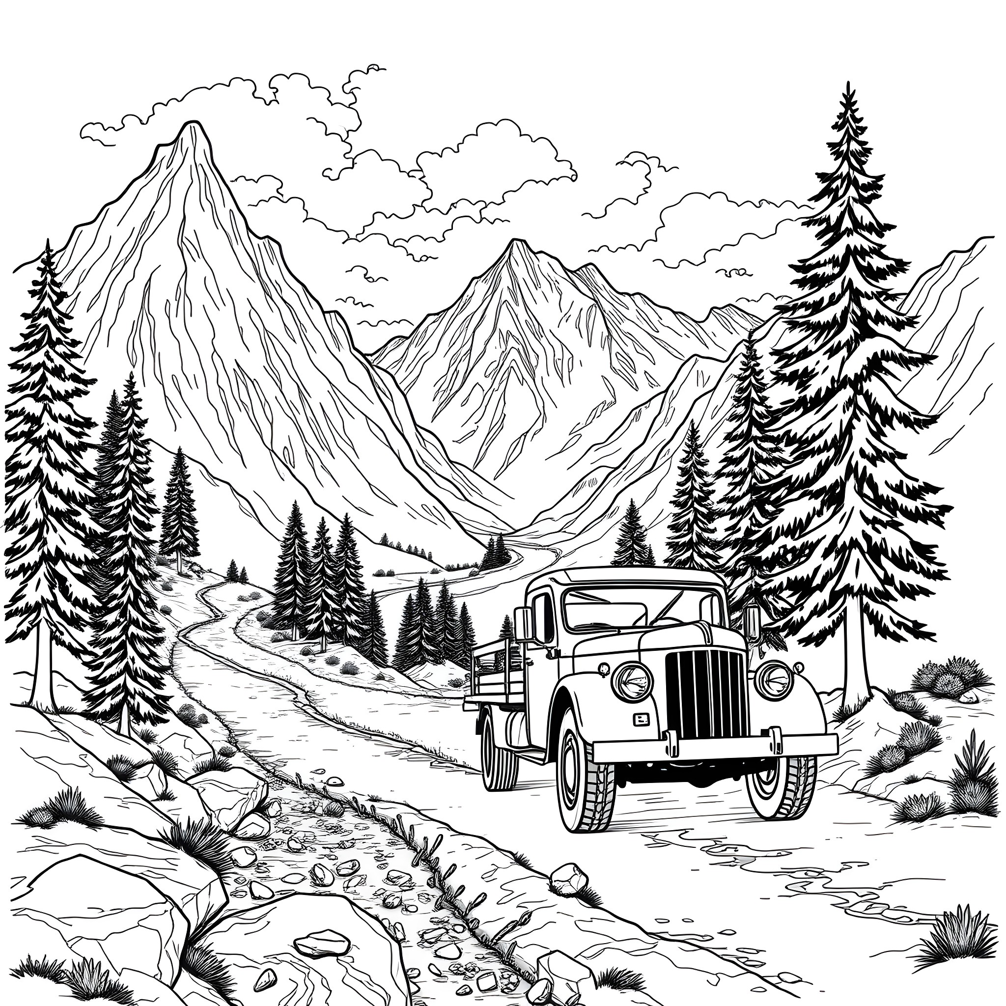 Truck driving through mountainous landscape Coloring Page (free black-and-white line drawing printable PDF for all, from beginners to advanced learners, including children, teens, adults, and seniors)