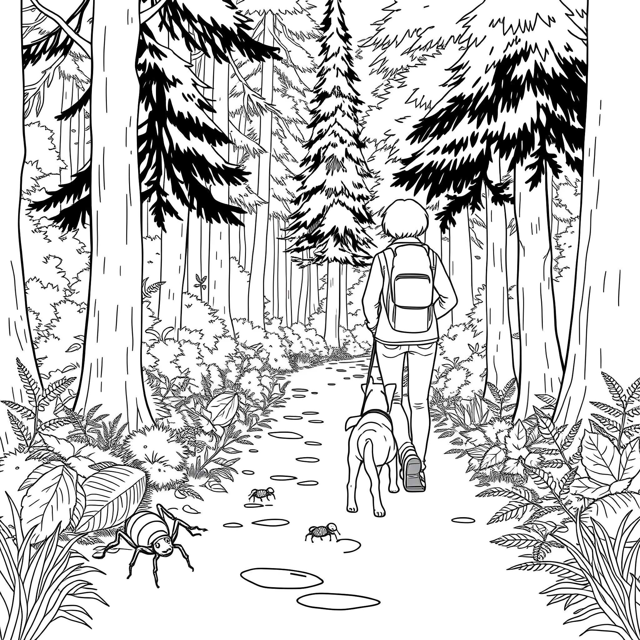 Person hiking with pet along forest trail Coloring Page (free black-and-white line drawing printable PDF for all, from beginners to advanced learners, including children, teens, adults, and seniors)