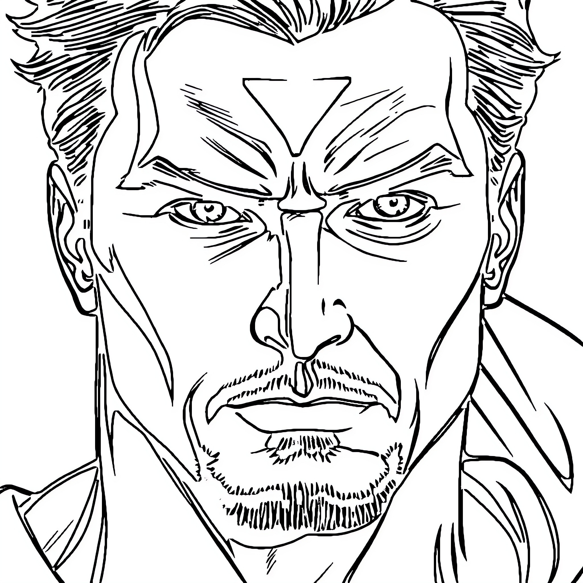 Tony Stark's intense expression and heroic attire Coloring Page (free black-and-white line drawing printable PDF for all, from beginners to advanced learners, including children, teens, adults, and seniors)