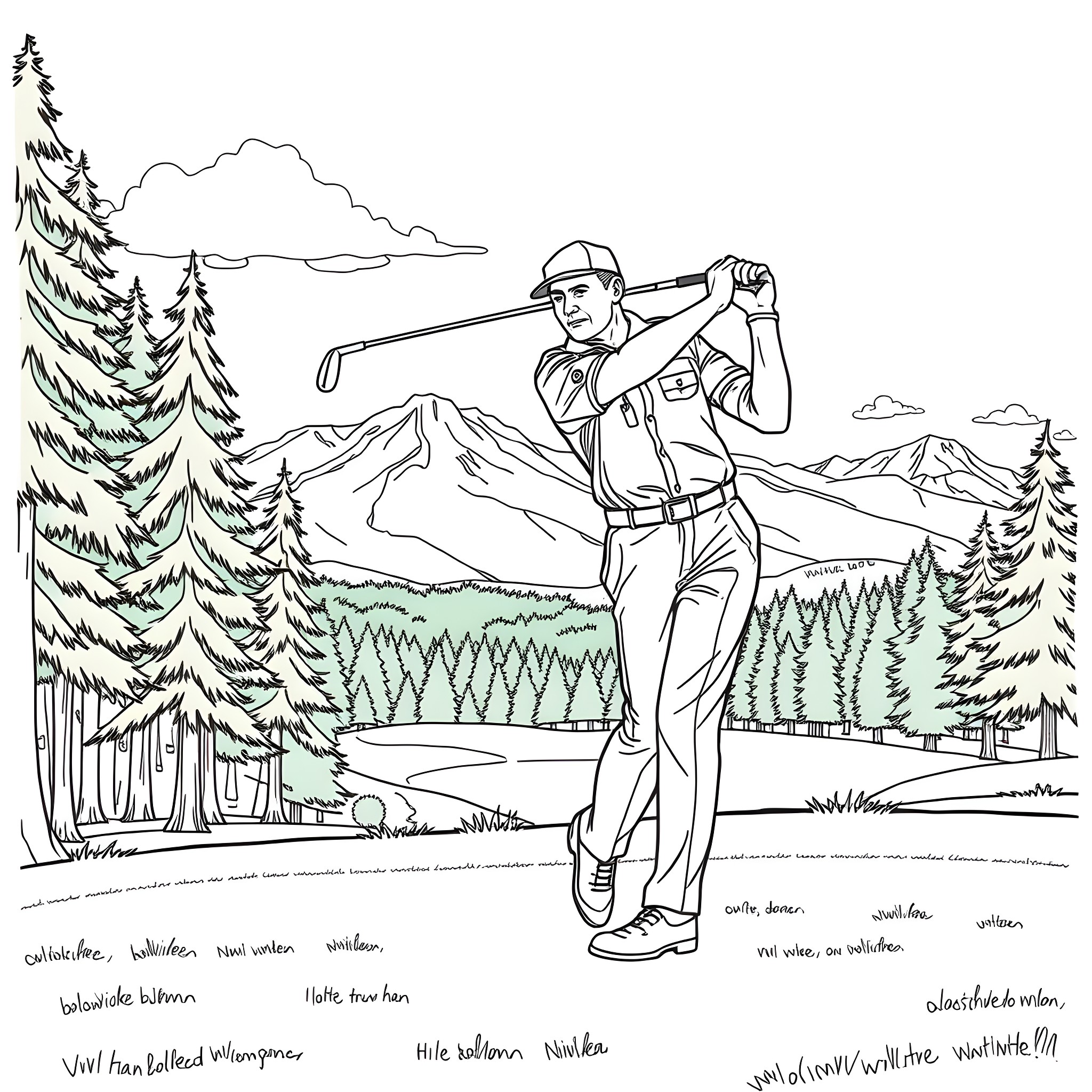 Colonel Golfer Enjoying a Day on the Mountain Course Coloring Page (free black-and-white line drawing printable PDF for all, from beginners to advanced learners, including children, teens, adults, and seniors)