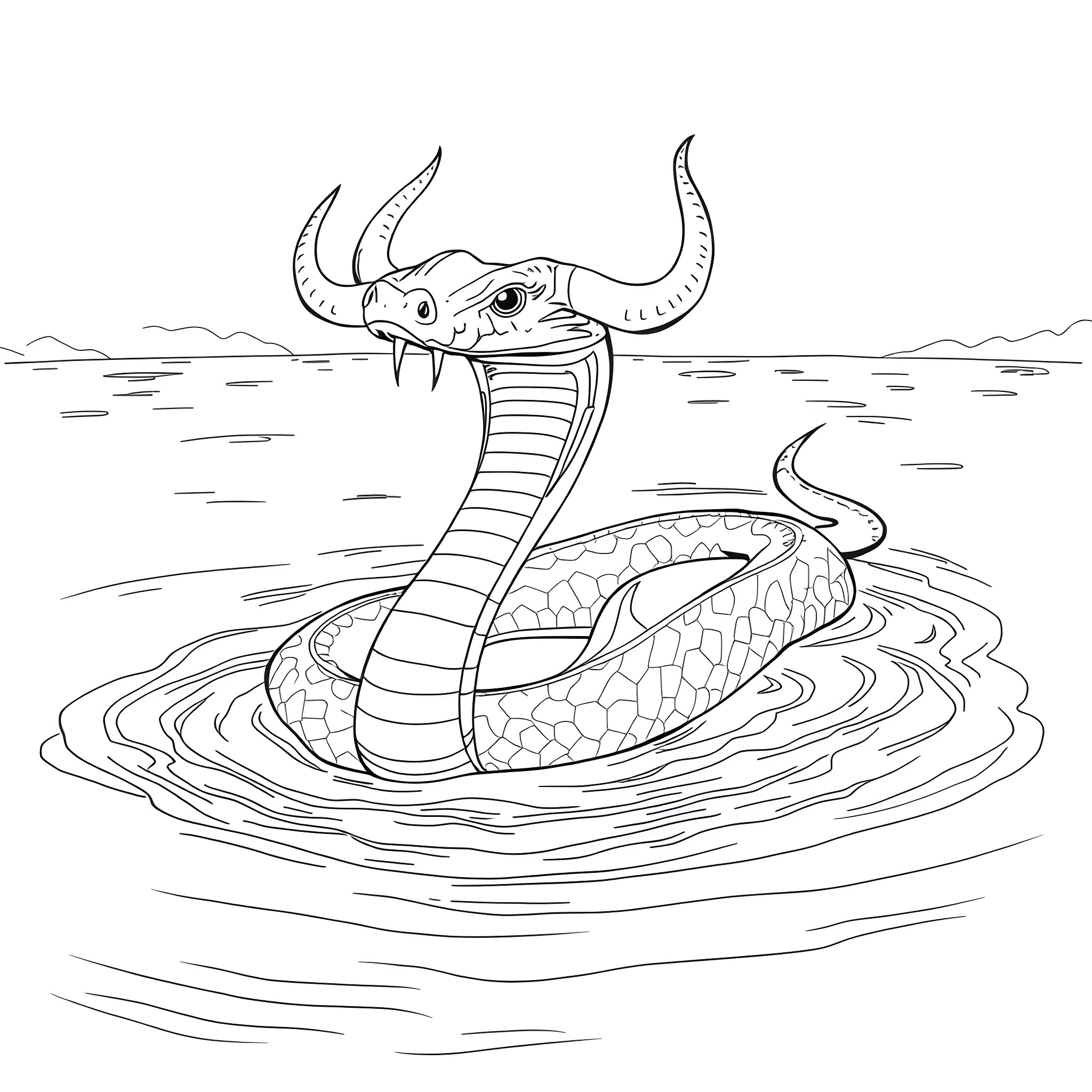 Uktena, the mythical serpent, coils in the waters Coloring Page (free black-and-white line drawing printable PDF for all, from beginners to advanced learners, including children, teens, adults, and seniors)