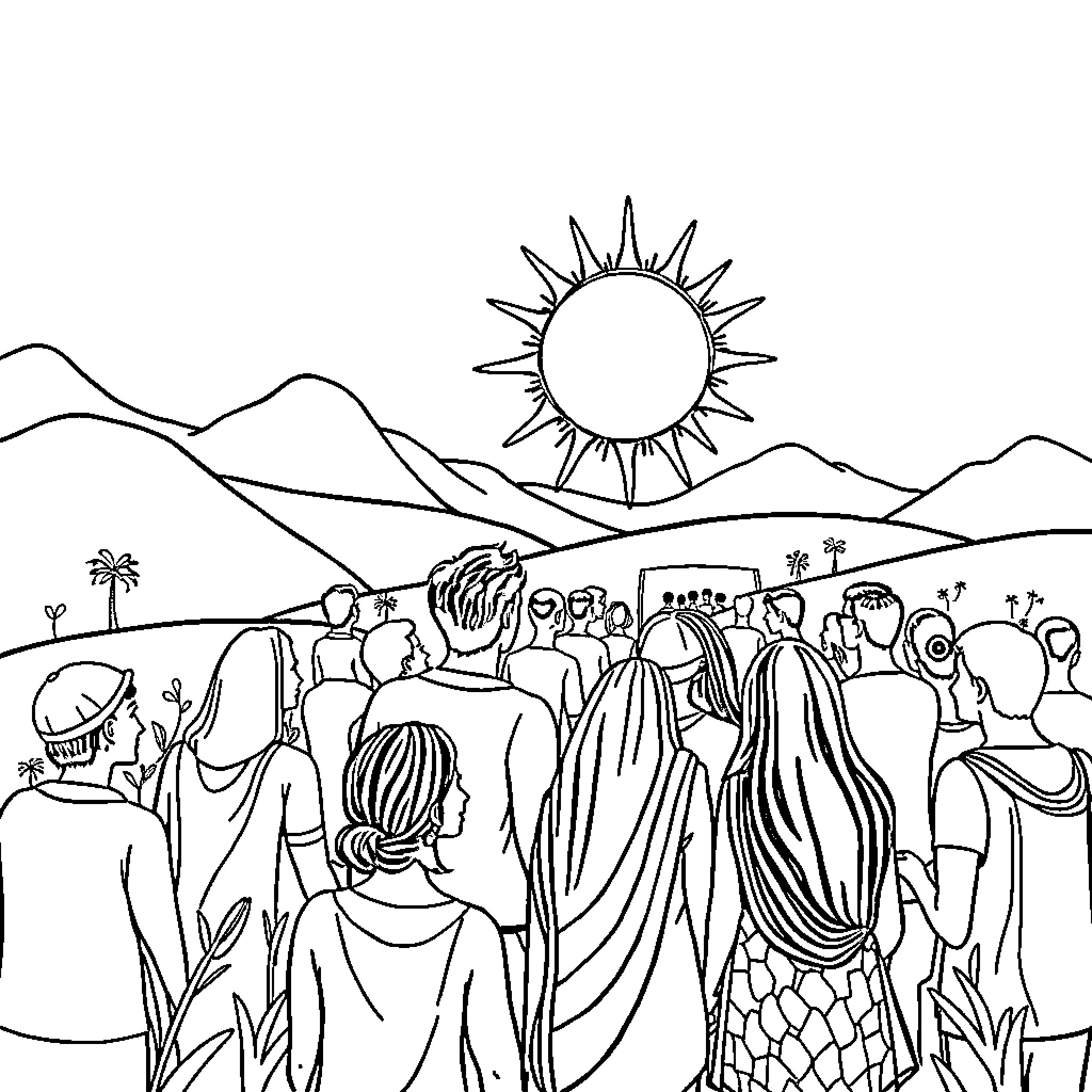 Sun shining over a crowd in a scenic landscape Coloring Page (free black-and-white line drawing printable PDF for all, from beginners to advanced learners, including children, teens, adults, and seniors)
