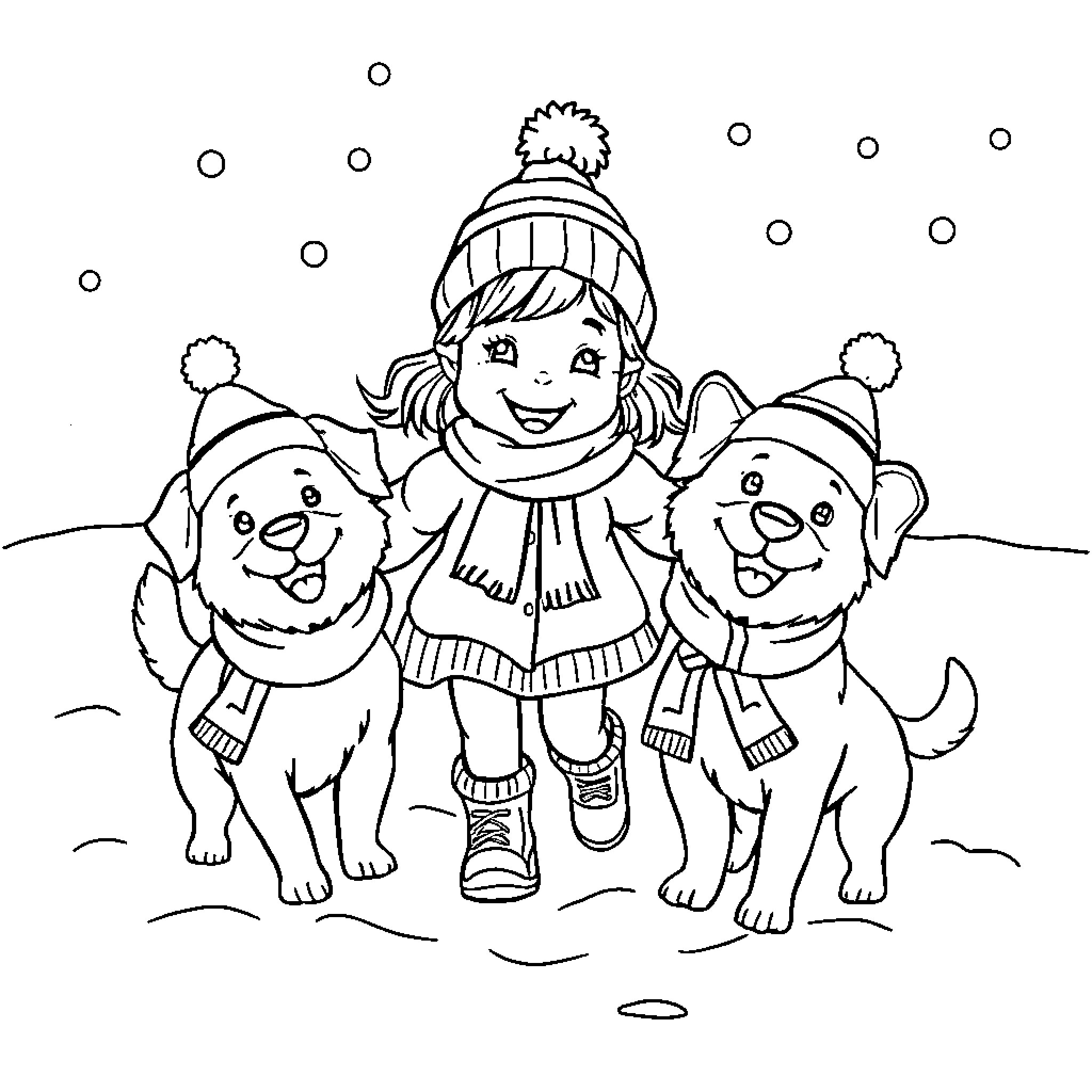 Girl walking with happy dogs in the snow Coloring Page (free black-and-white line drawing printable PDF for all, from beginners to advanced learners, including children, teens, adults, and seniors)