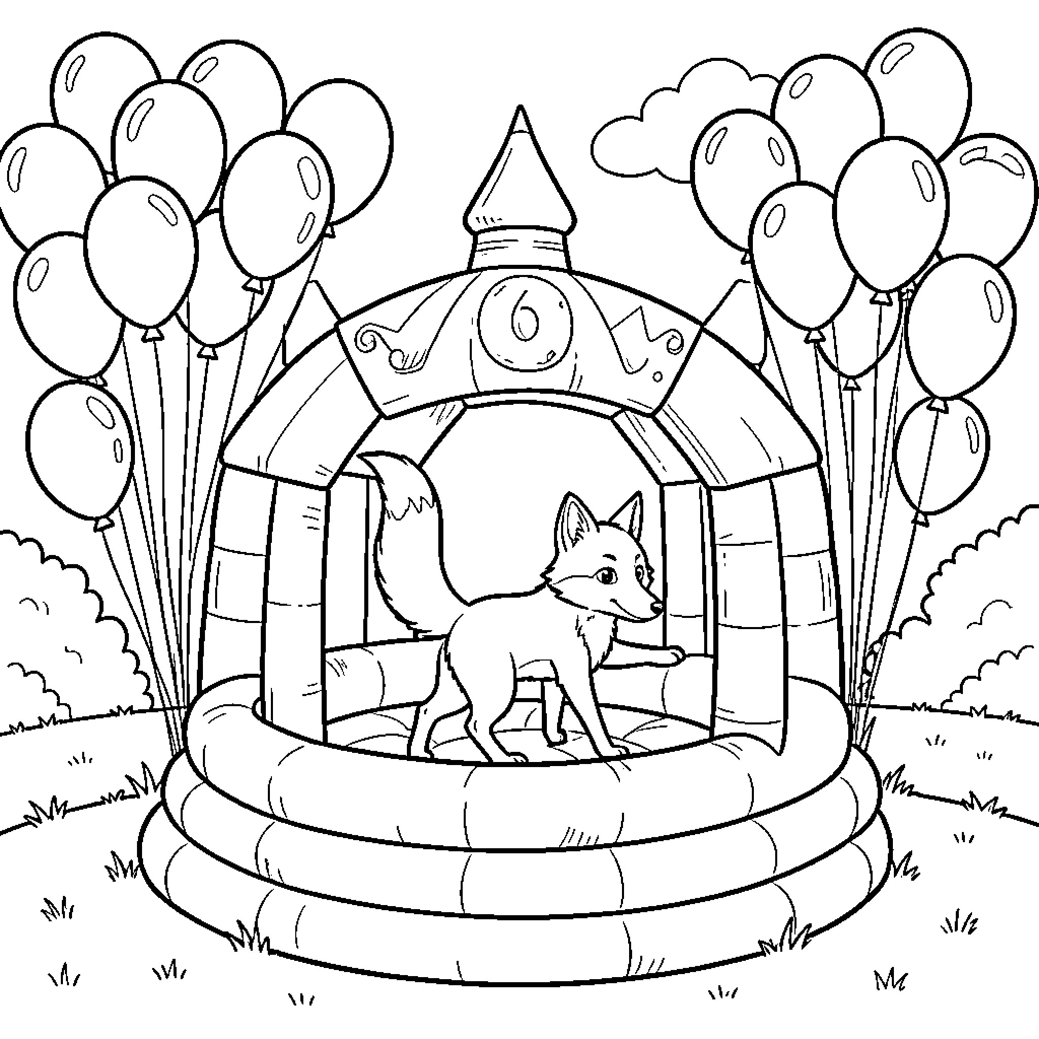 Fox celebrating inside a festive circus tent Coloring Page (free black-and-white line drawing printable PDF for all, from beginners to advanced learners, including children, teens, adults, and seniors)
