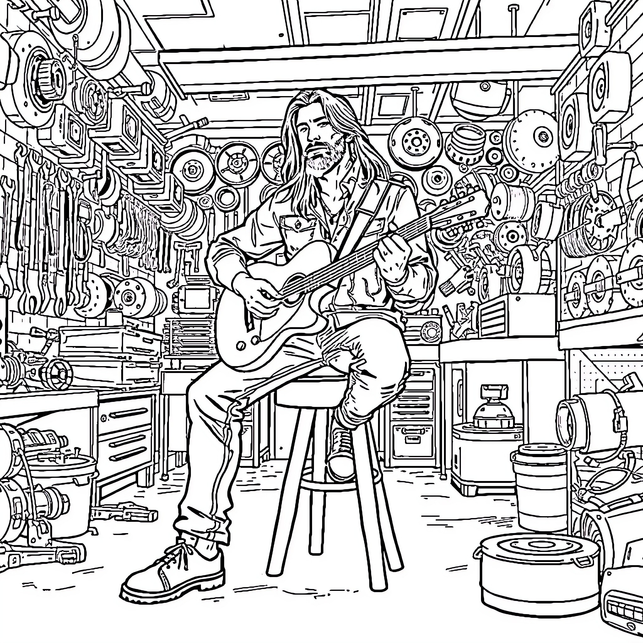 Guy playing guitar in a cluttered workshop Coloring Page (free black-and-white line drawing printable PDF for all, from beginners to advanced learners, including children, teens, adults, and seniors)