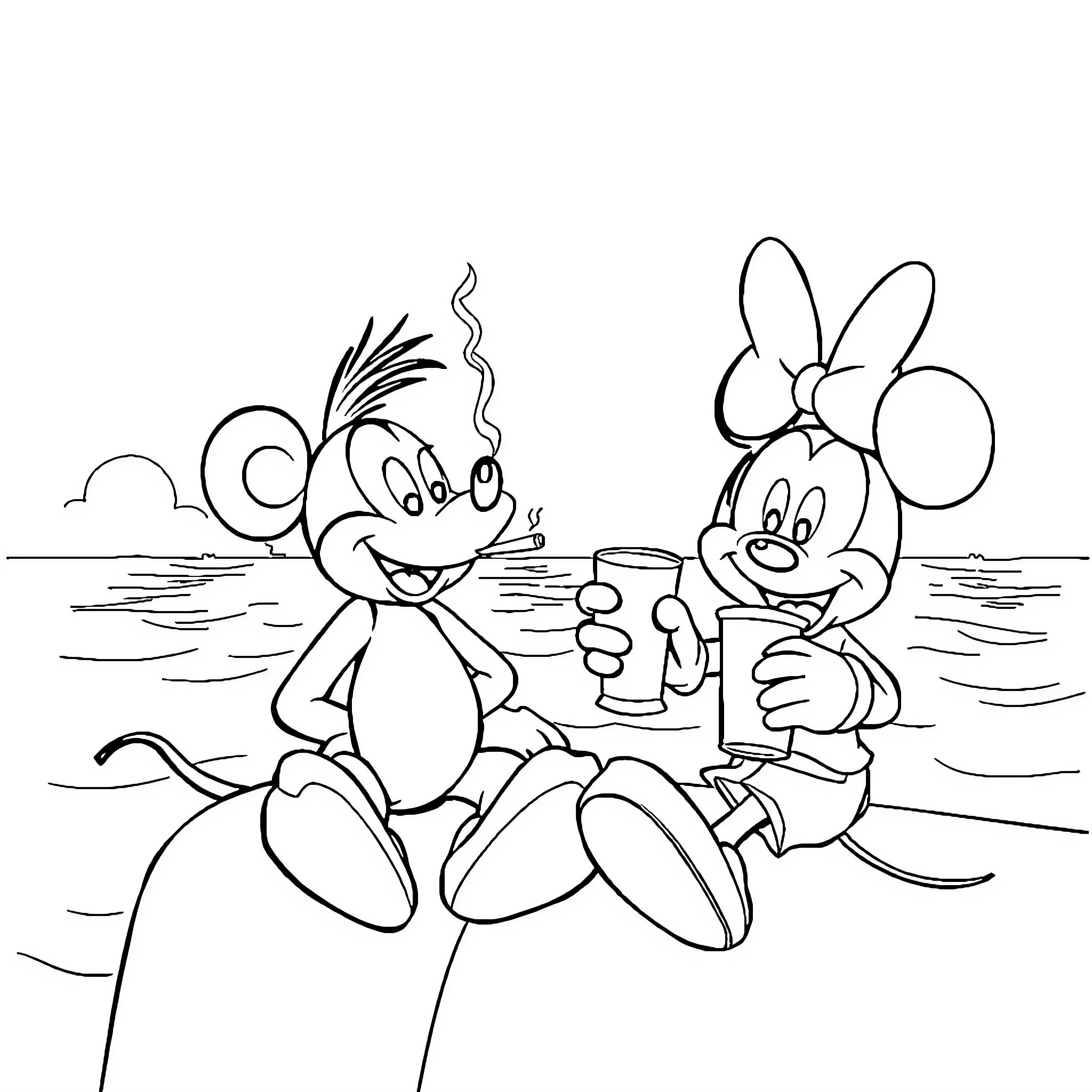Spongebob and Minnie Enjoy Seaside Adventure Coloring Page (free black-and-white line drawing printable PDF for all, from beginners to advanced learners, including children, teens, adults, and seniors)