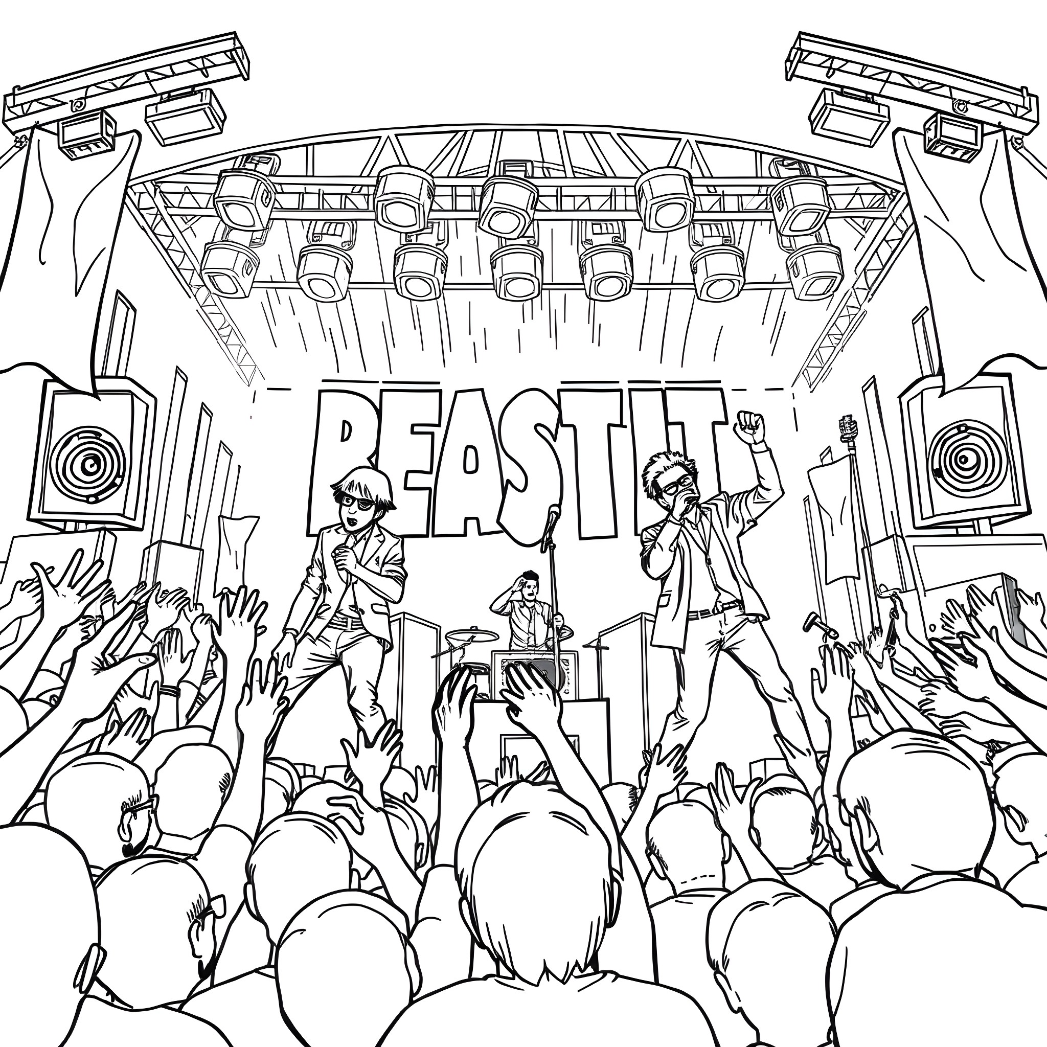 Beastie Boys' Energetic Performance on Stage Coloring Page (free black-and-white line drawing printable PDF for all, from beginners to advanced learners, including children, teens, adults, and seniors)