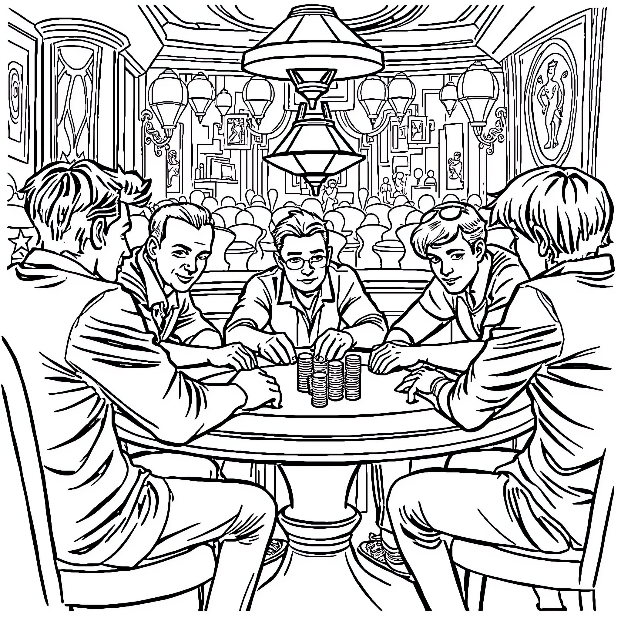 Bluey's friends enjoying a game at the casino Coloring Page (free black-and-white line drawing printable PDF for all, from beginners to advanced learners, including children, teens, adults, and seniors)