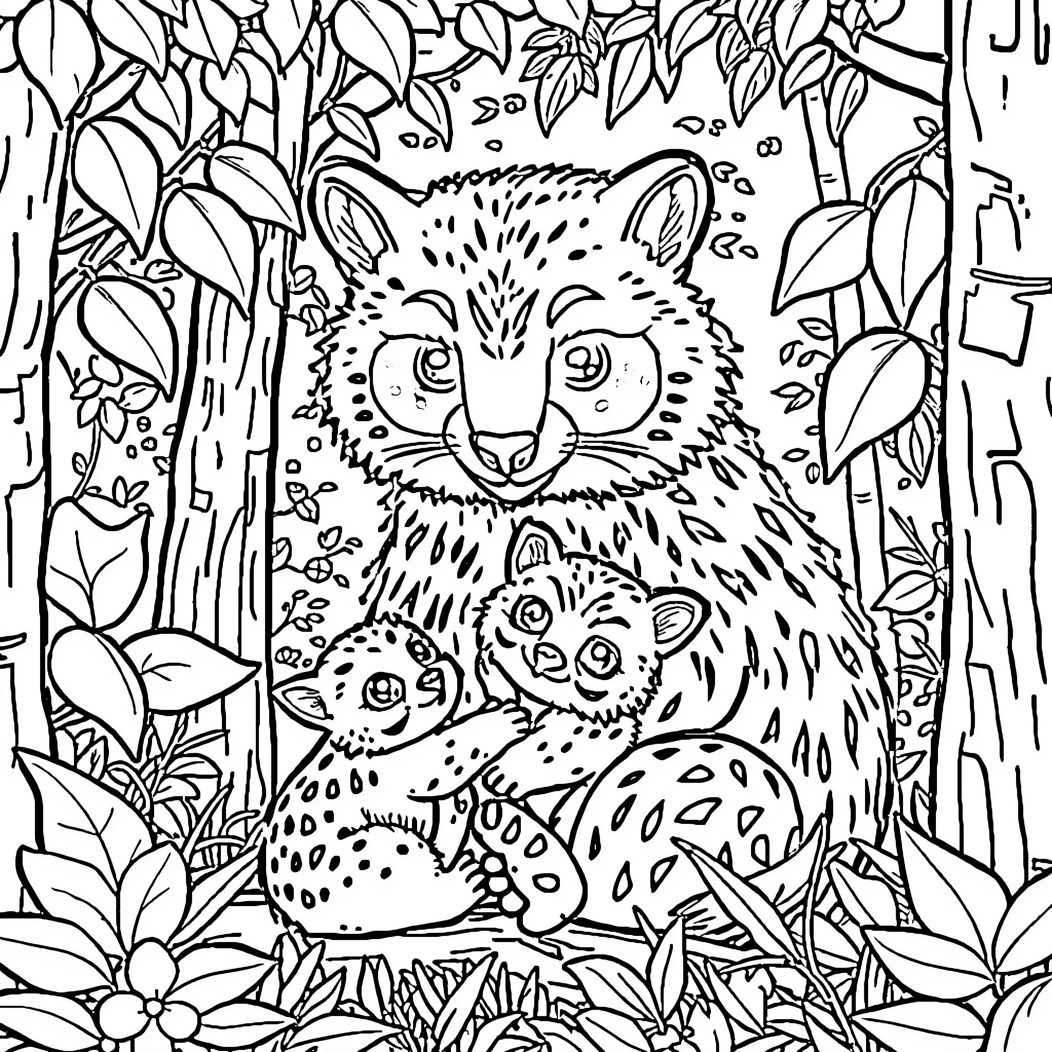 Oso and Cubs in Lush Foliage Coloring Page (free black-and-white line drawing printable PDF for all, from beginners to advanced learners, including children, teens, adults, and seniors)