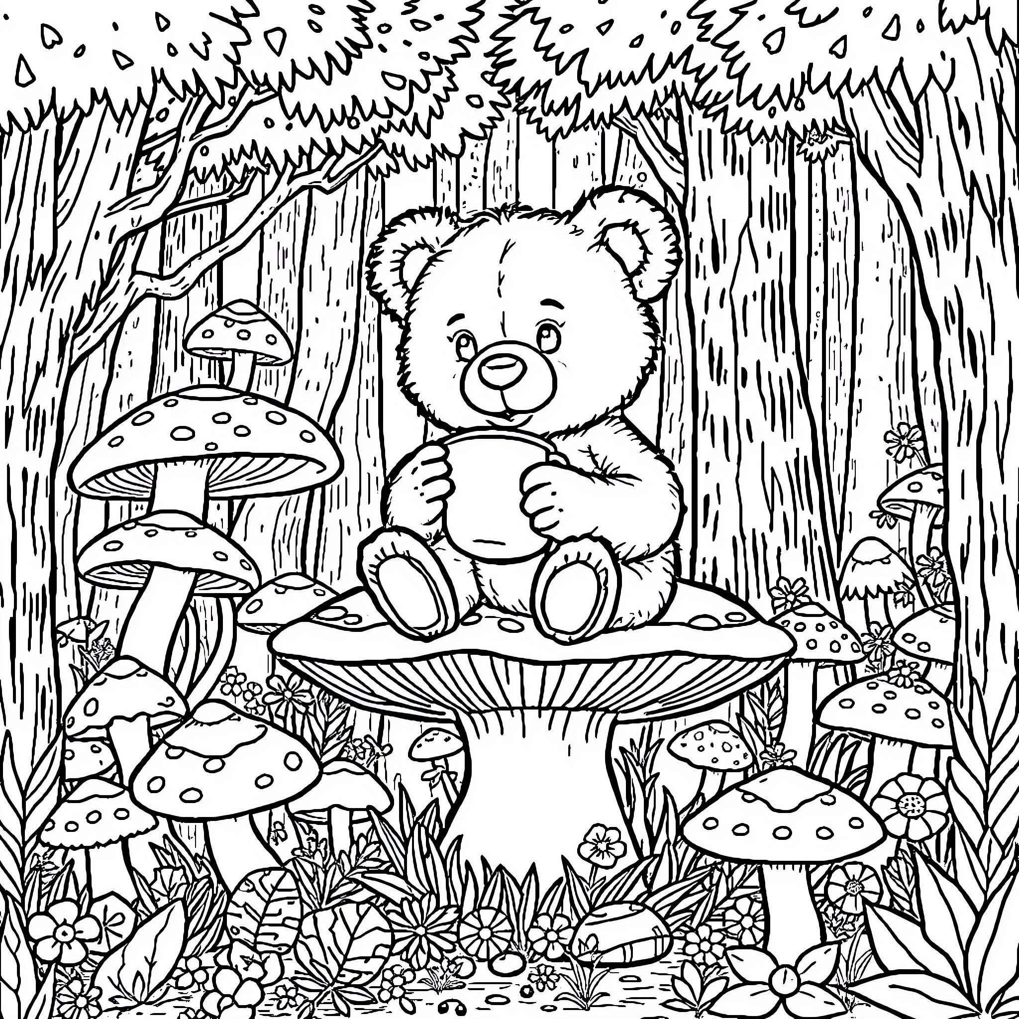 Teddy Bear in Enchanted Forest Coloring Page (free black-and-white line drawing printable PDF for all, from beginners to advanced learners, including children, teens, adults, and seniors)