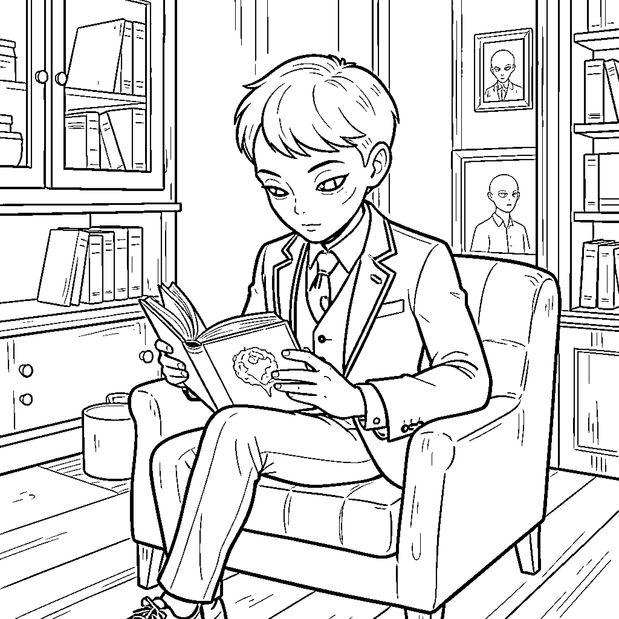 Alien boy reading a book while sitting in a chair Coloring Page (free black-and-white line drawing printable PDF for all, from beginners to advanced learners, including children, teens, adults, and seniors)