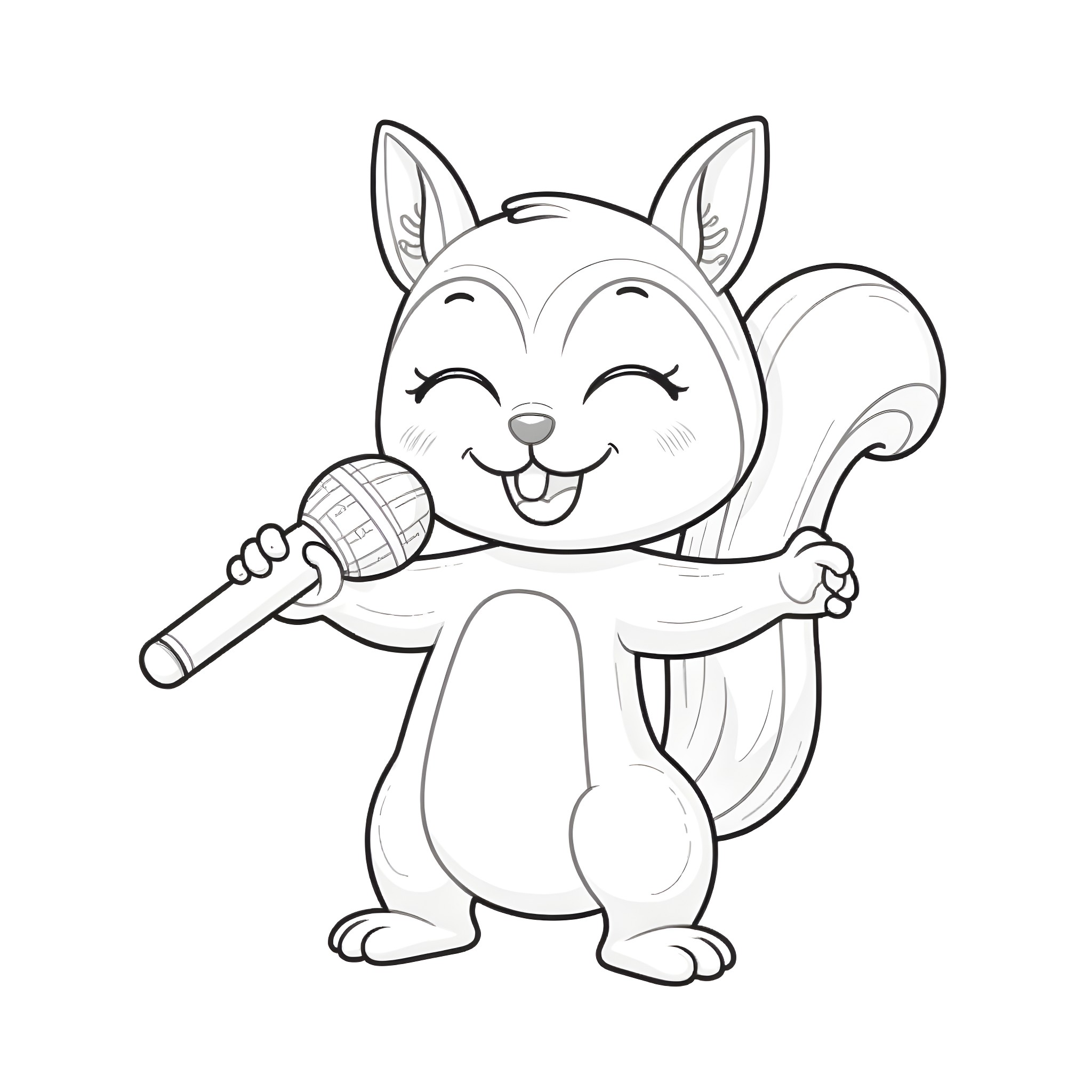 Squirrel happily singing with a microphone Coloring Page (free black-and-white line drawing printable PDF for all, from beginners to advanced learners, including children, teens, adults, and seniors)
