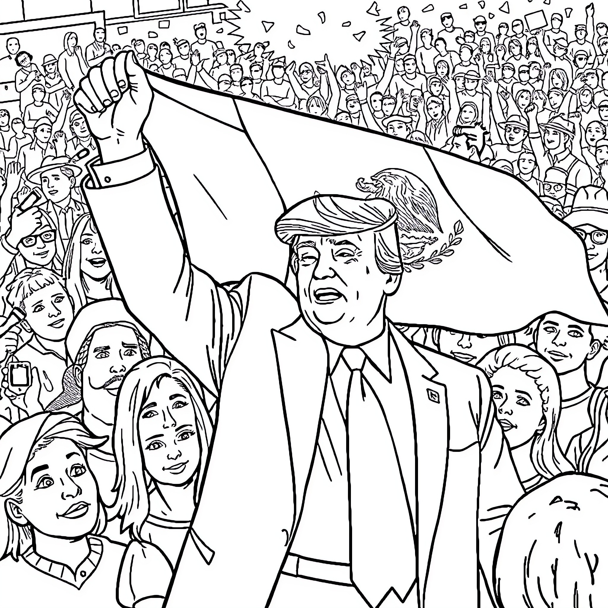 Trump addressing a large enthusiastic crowd Coloring Page (free black-and-white line drawing printable PDF for all, from beginners to advanced learners, including children, teens, adults, and seniors)
