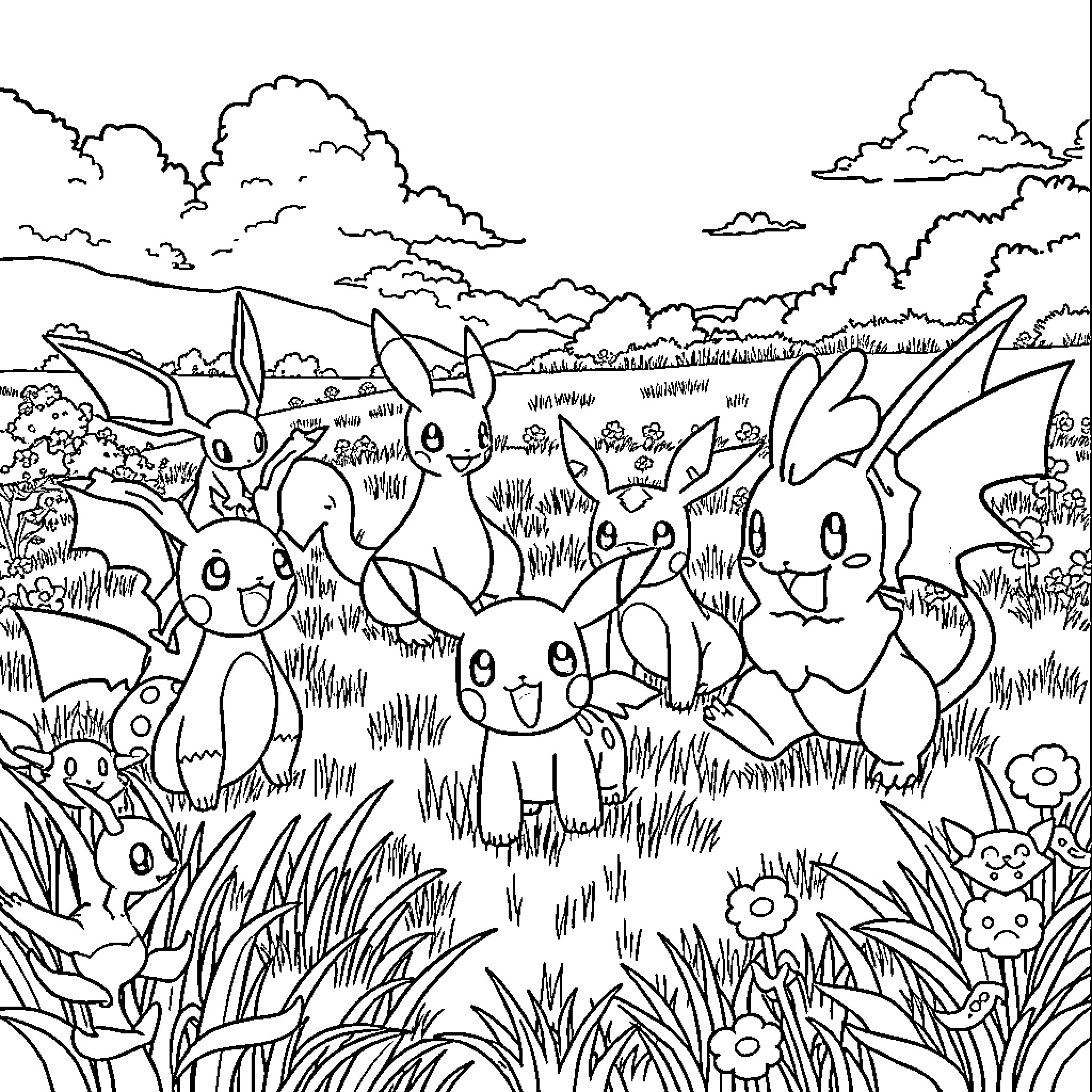 Pokémon Gathering in the Grassy Field Coloring Page (free black-and-white line drawing printable PDF for all, from beginners to advanced learners, including children, teens, adults, and seniors)