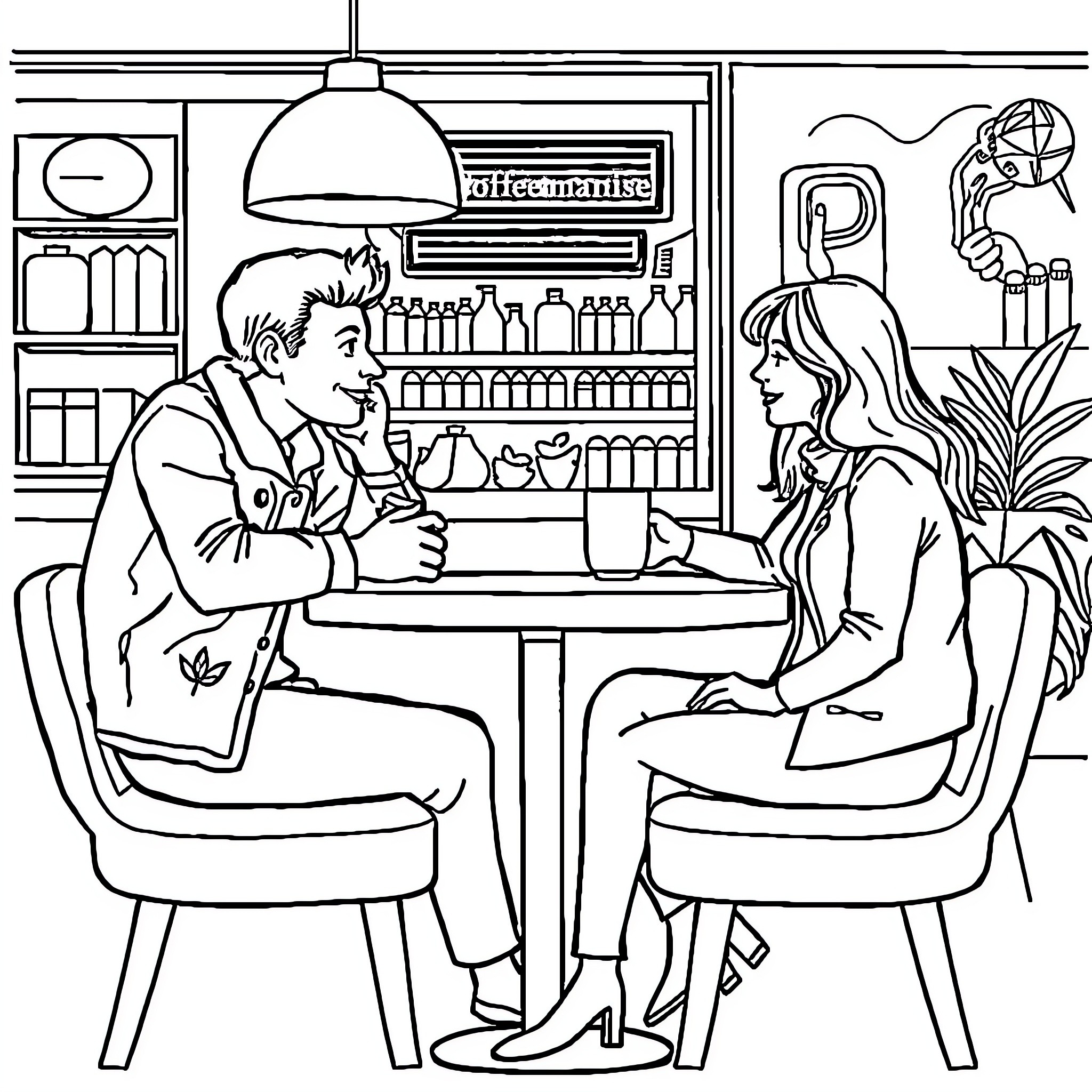 Cat Couple Enjoying Cafe Conversation Coloring Page (free black-and-white line drawing printable PDF for all, from beginners to advanced learners, including children, teens, adults, and seniors)