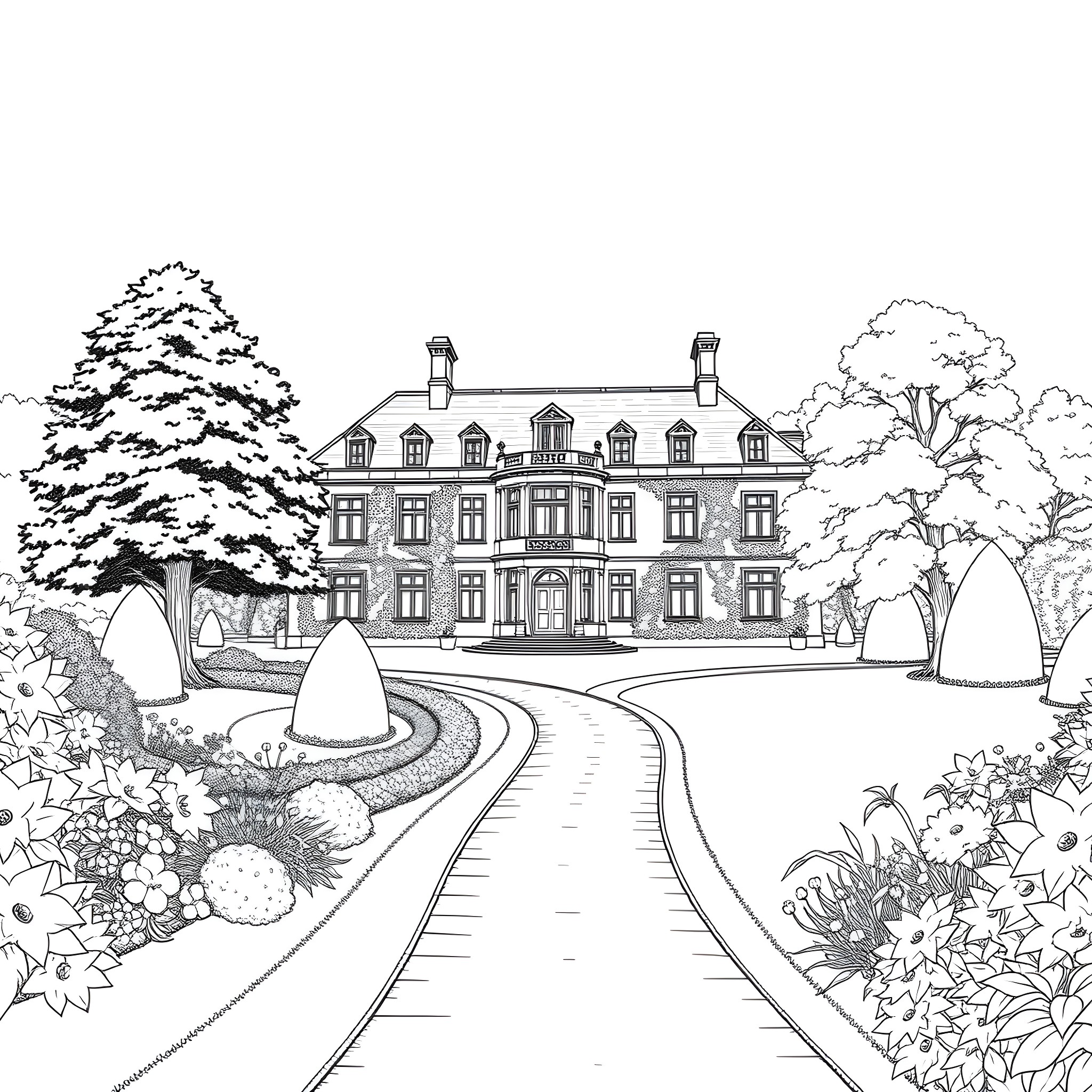 House with Elaborate Architecture and Lush Landscape Coloring Page (free black-and-white line drawing printable PDF for all, from beginners to advanced learners, including children, teens, adults, and seniors)