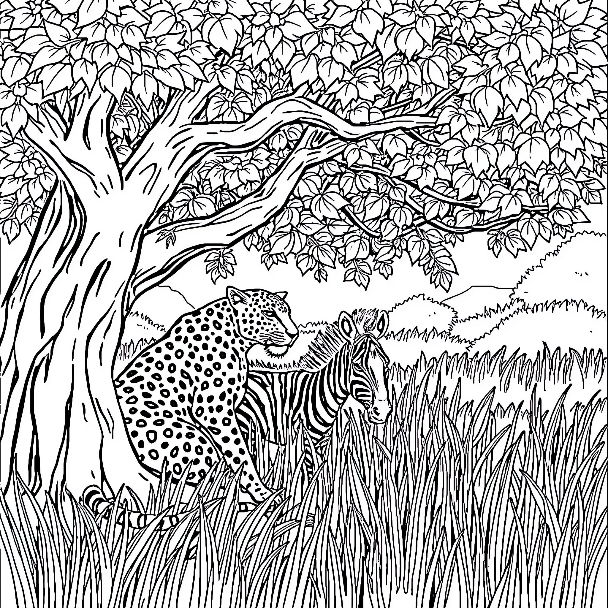 Leopard stalking a zebra in the wild Coloring Page (free black-and-white line drawing printable PDF for all, from beginners to advanced learners, including children, teens, adults, and seniors)