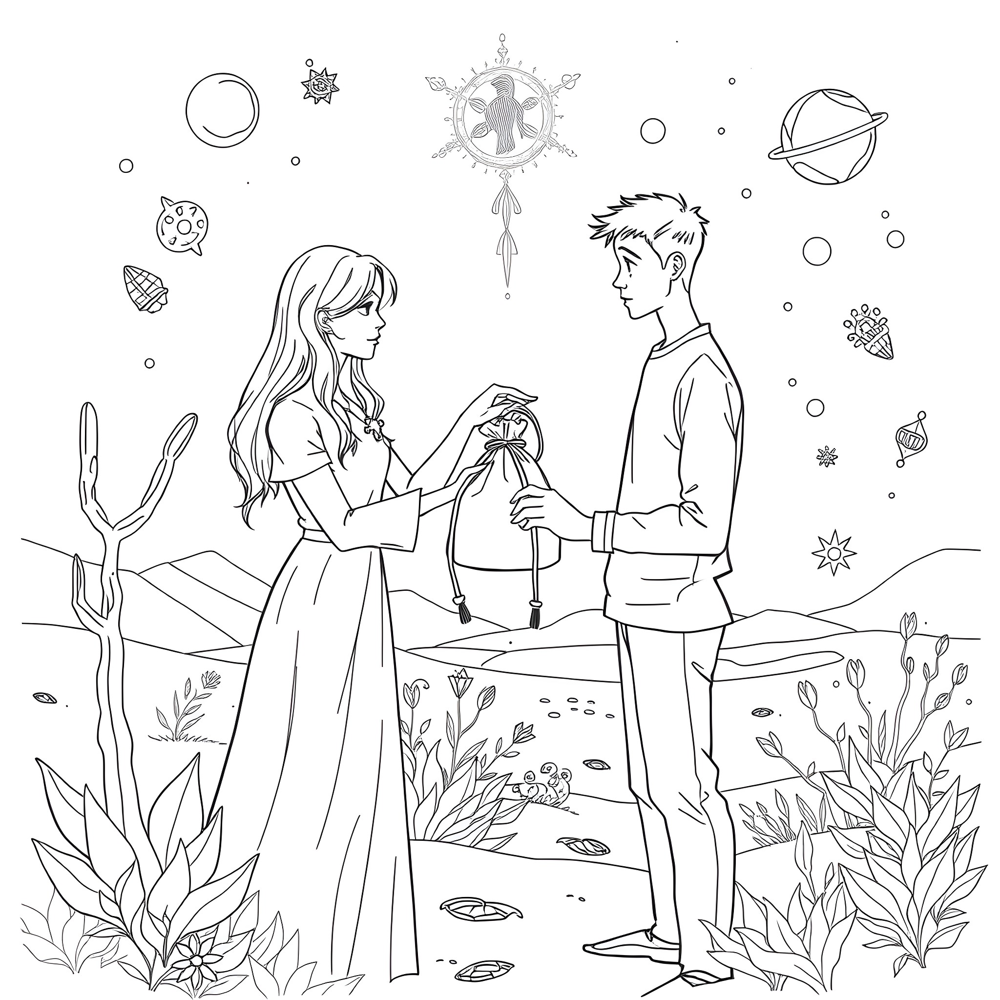 Woman and man in a whimsical fantasy setting Coloring Page (free black-and-white line drawing printable PDF for all, from beginners to advanced learners, including children, teens, adults, and seniors)