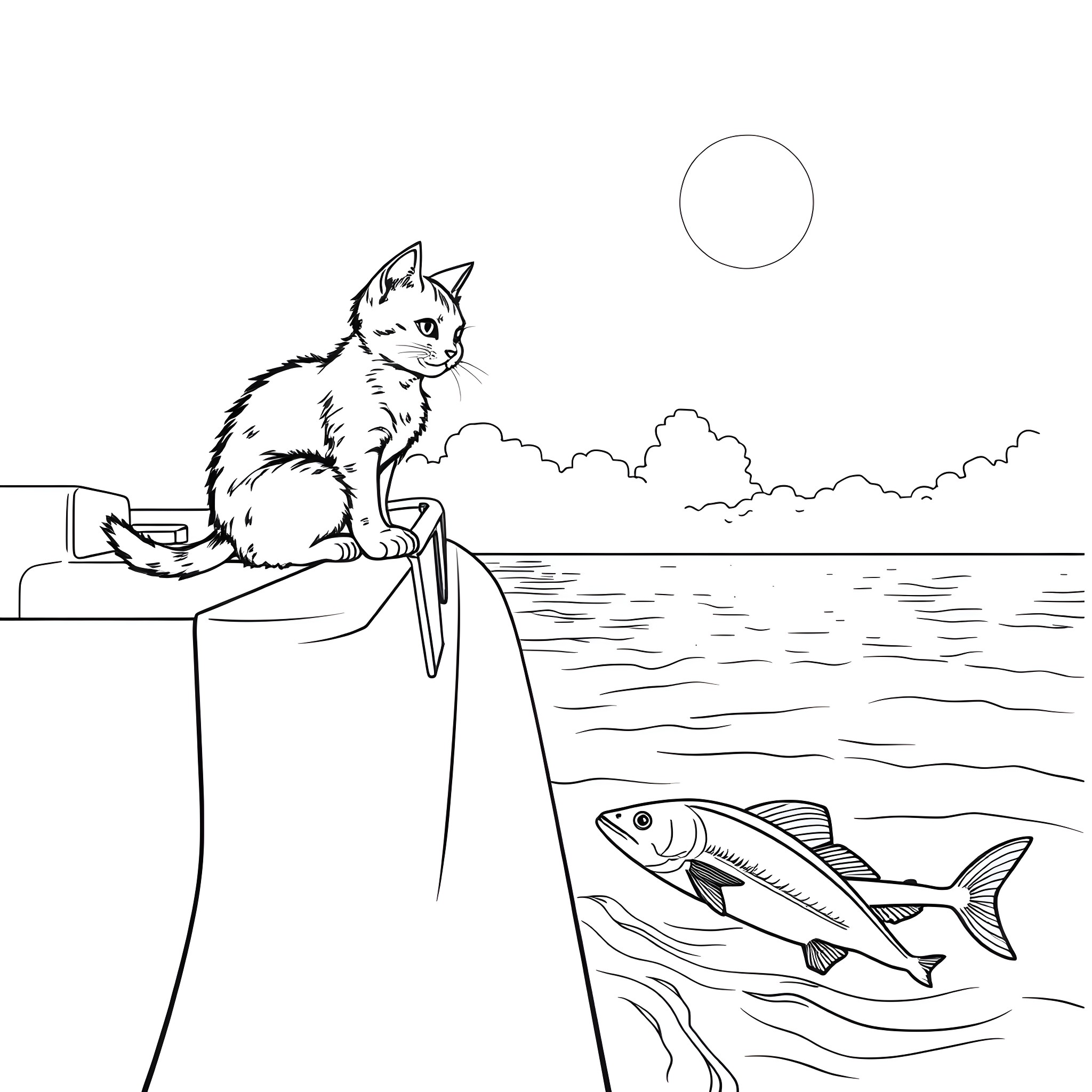 Kitty watching fish by the lake Coloring Page (free black-and-white line drawing printable PDF for all, from beginners to advanced learners, including children, teens, adults, and seniors)