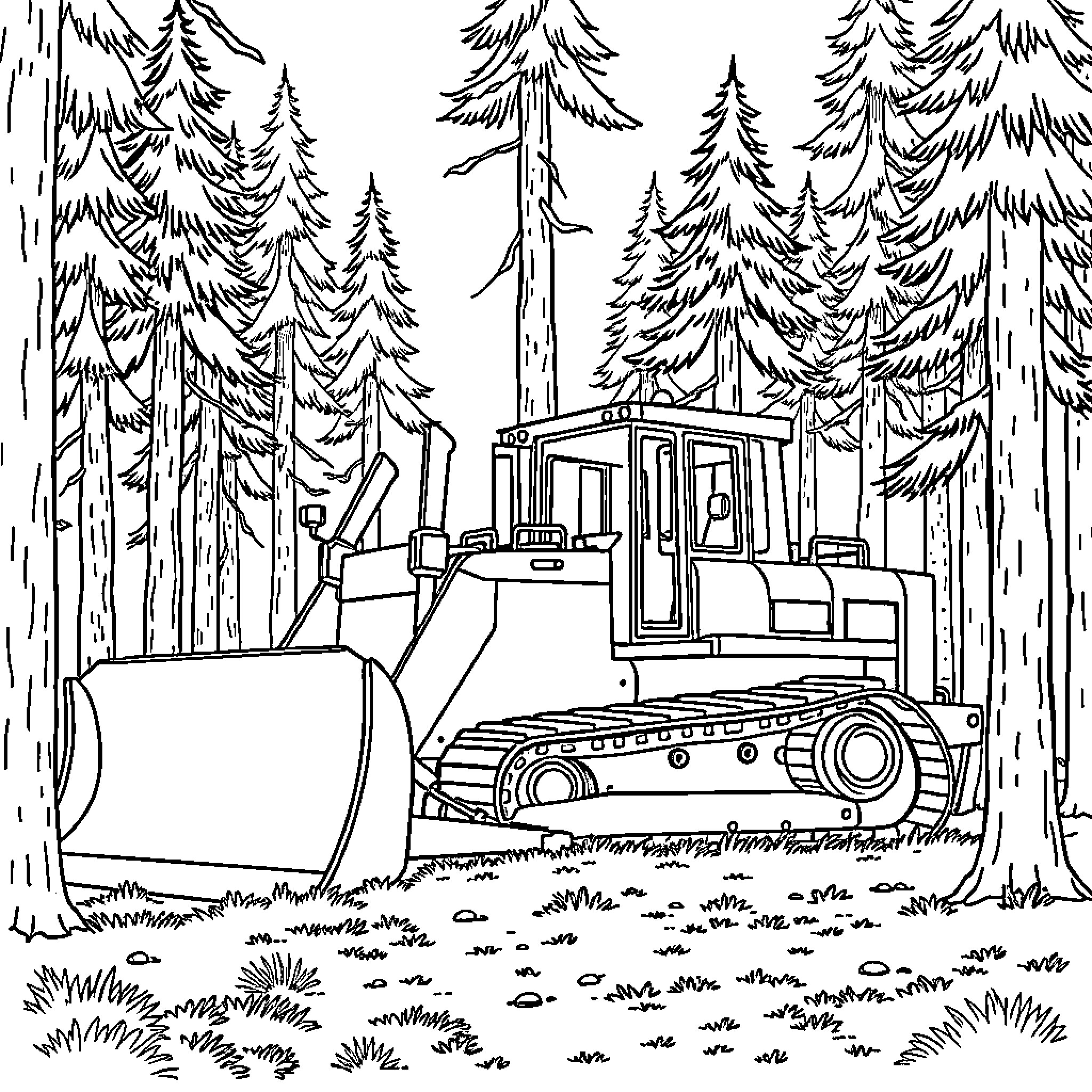 Bulldozer working in the forest clearing Coloring Page (free black-and-white line drawing printable PDF for all, from beginners to advanced learners, including children, teens, adults, and seniors)