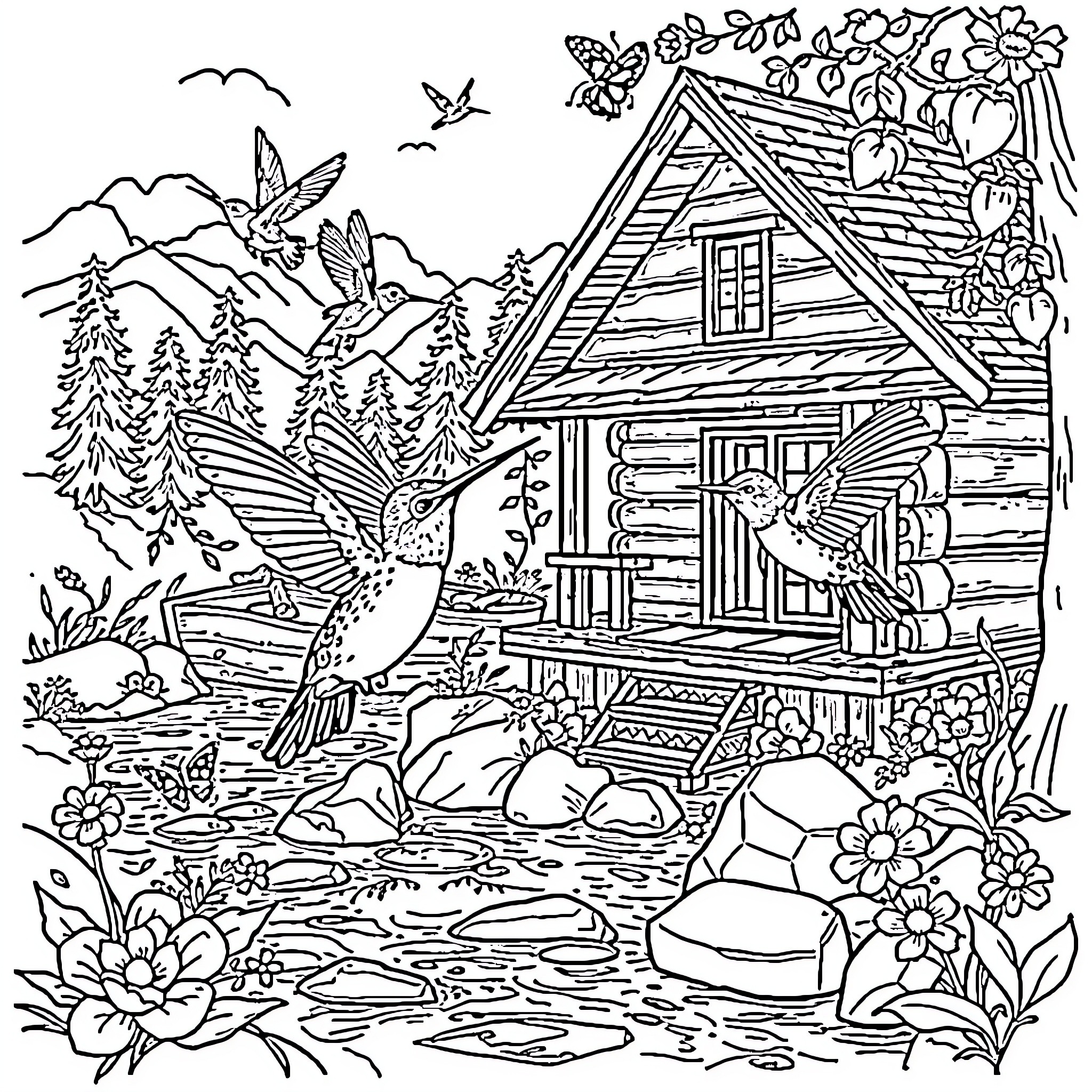 Hummingbirds fluttering around a rustic cabin in nature Coloring Page (free black-and-white line drawing printable PDF for all, from beginners to advanced learners, including children, teens, adults, and seniors)