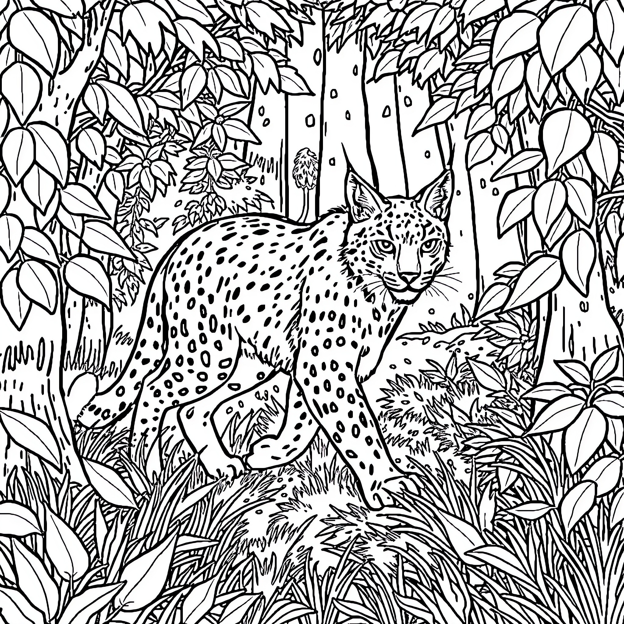 Lynx prowling through lush foliage Coloring Page (free black-and-white line drawing printable PDF for all, from beginners to advanced learners, including children, teens, adults, and seniors)