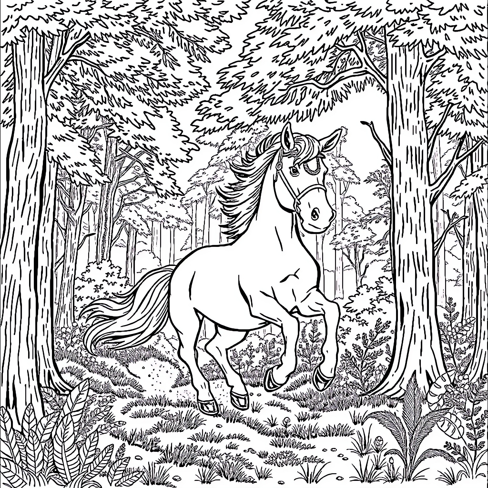 Horse galloping through enchanted forest Coloring Page (free black-and-white line drawing printable PDF for all, from beginners to advanced learners, including children, teens, adults, and seniors)