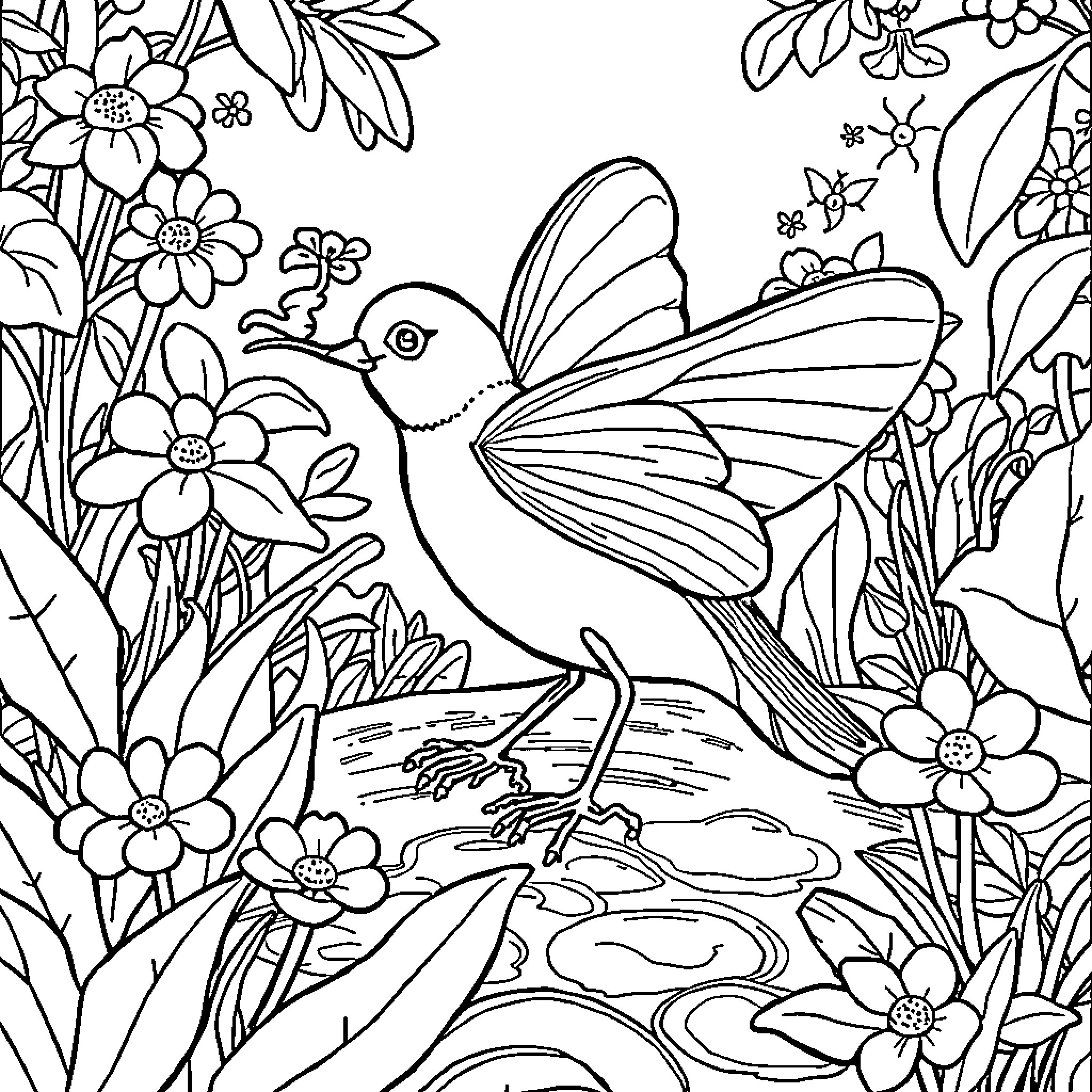 Pumpkin hummingbird amid colorful floral garden Coloring Page (free black-and-white line drawing printable PDF for all, from beginners to advanced learners, including children, teens, adults, and seniors)
