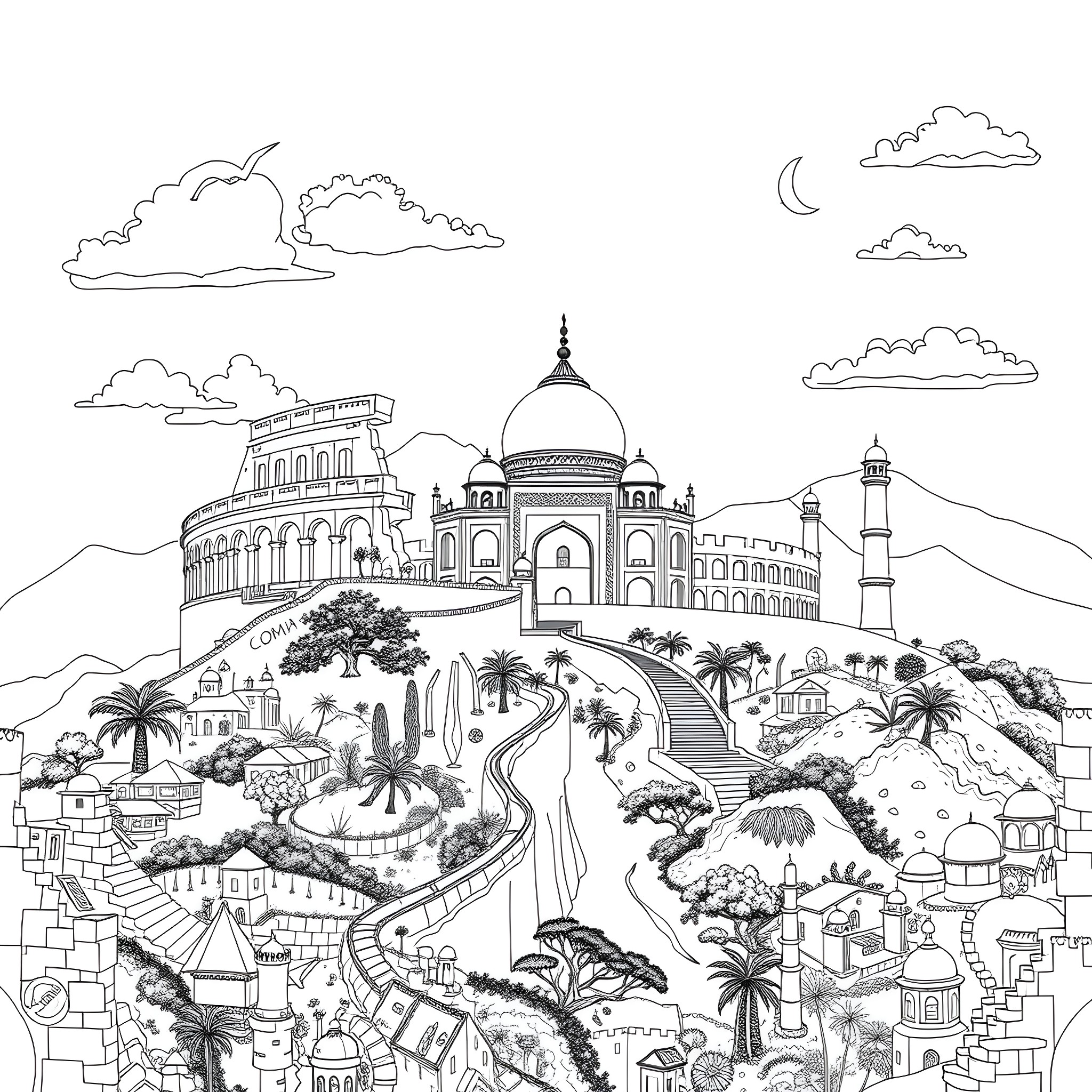 Wonder in the Enchanting Eastern Landscape Coloring Page (free black-and-white line drawing printable PDF for all, from beginners to advanced learners, including children, teens, adults, and seniors)