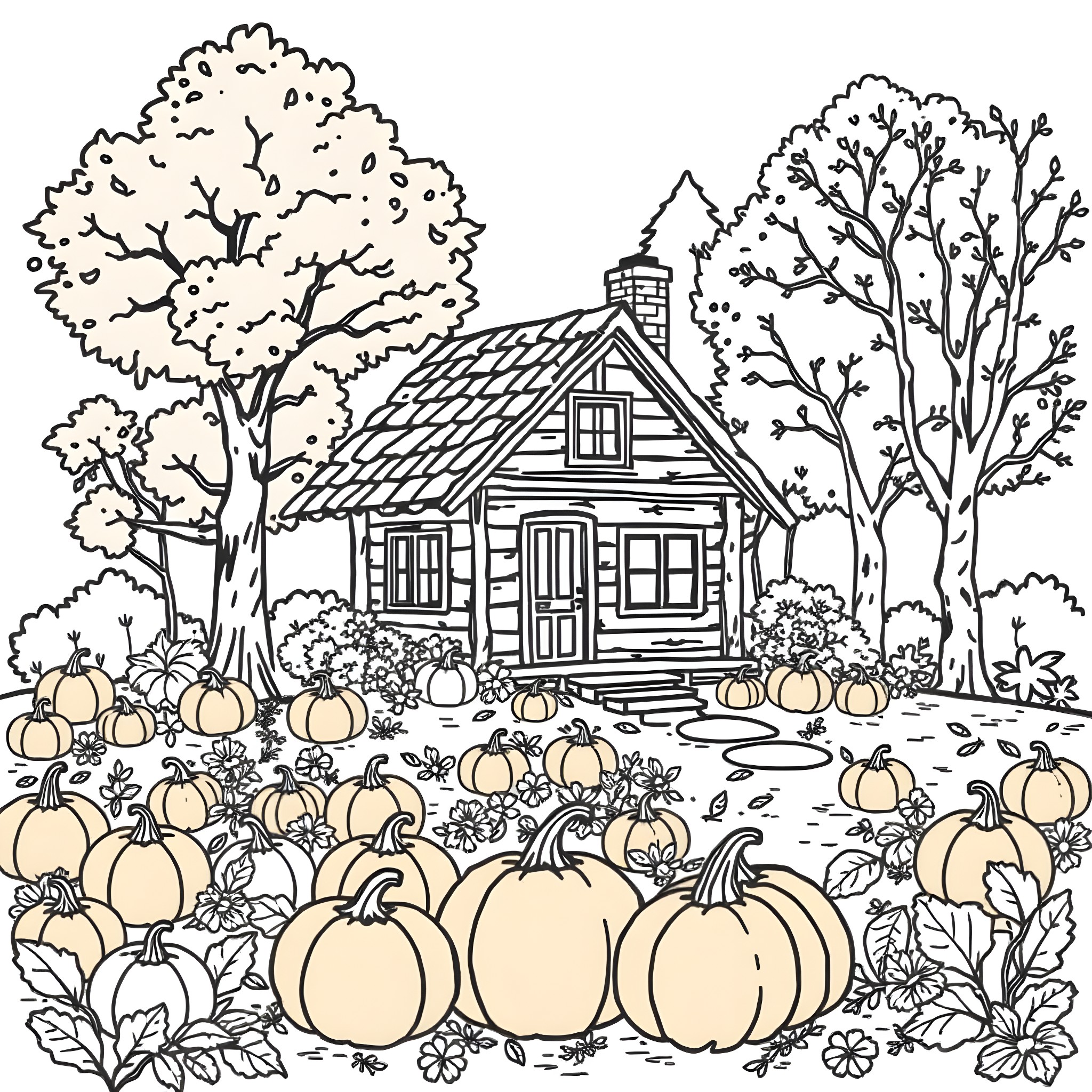 Cabin in the woods with pumpkins and autumn scenery Coloring Page (free black-and-white line drawing printable PDF for all, from beginners to advanced learners, including children, teens, adults, and seniors)