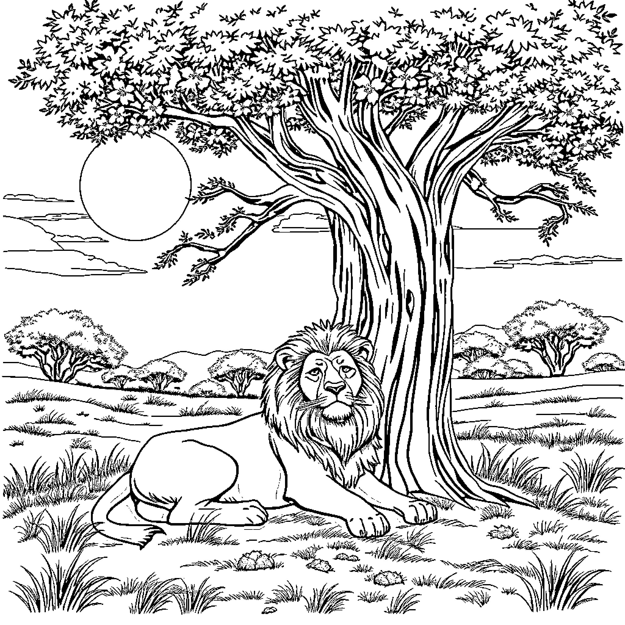 Lion lounging peacefully under the tree Coloring Page (free black-and-white line drawing printable PDF for all, from beginners to advanced learners, including children, teens, adults, and seniors)