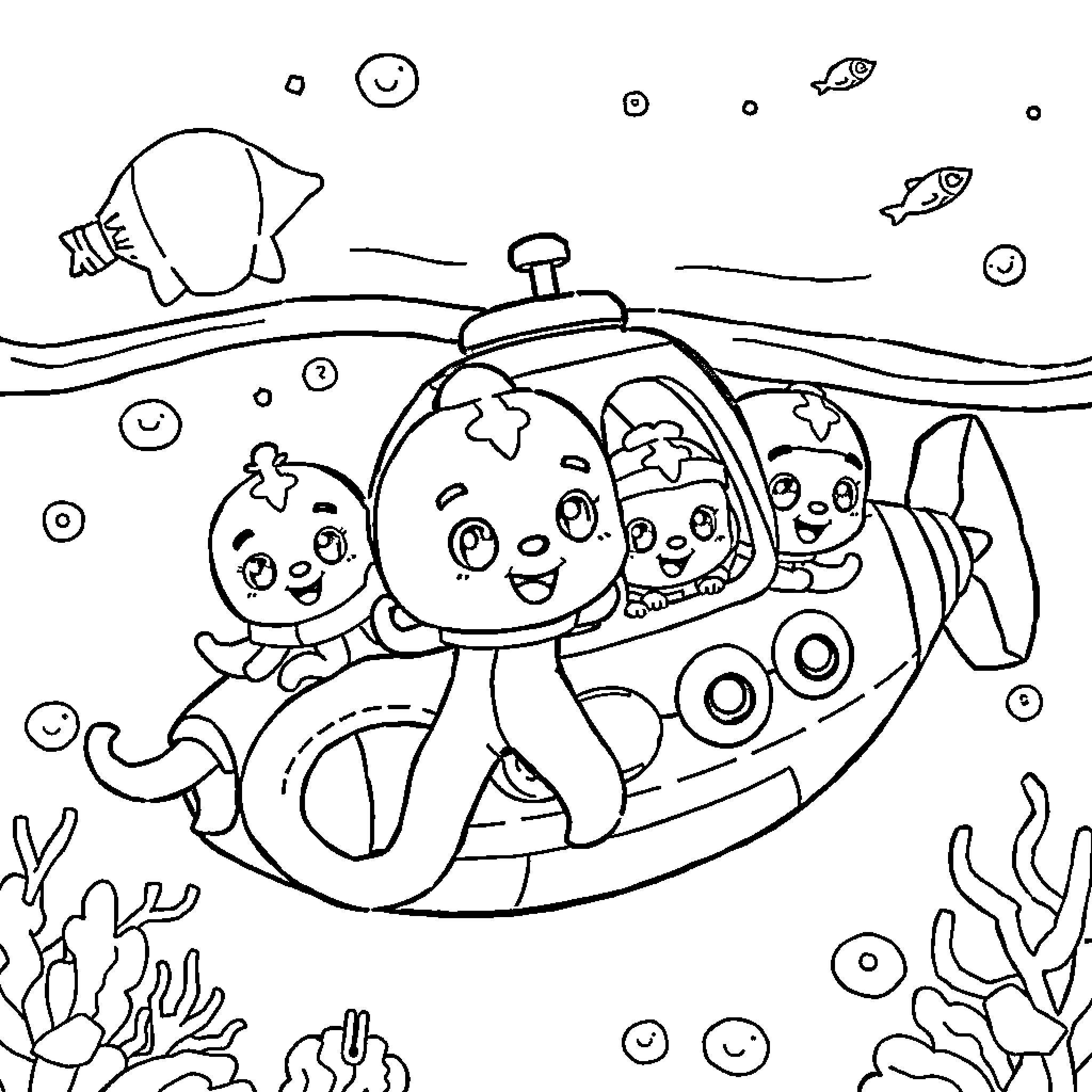 Octonauts exploring the underwater world Coloring Page (free black-and-white line drawing printable PDF for all, from beginners to advanced learners, including children, teens, adults, and seniors)