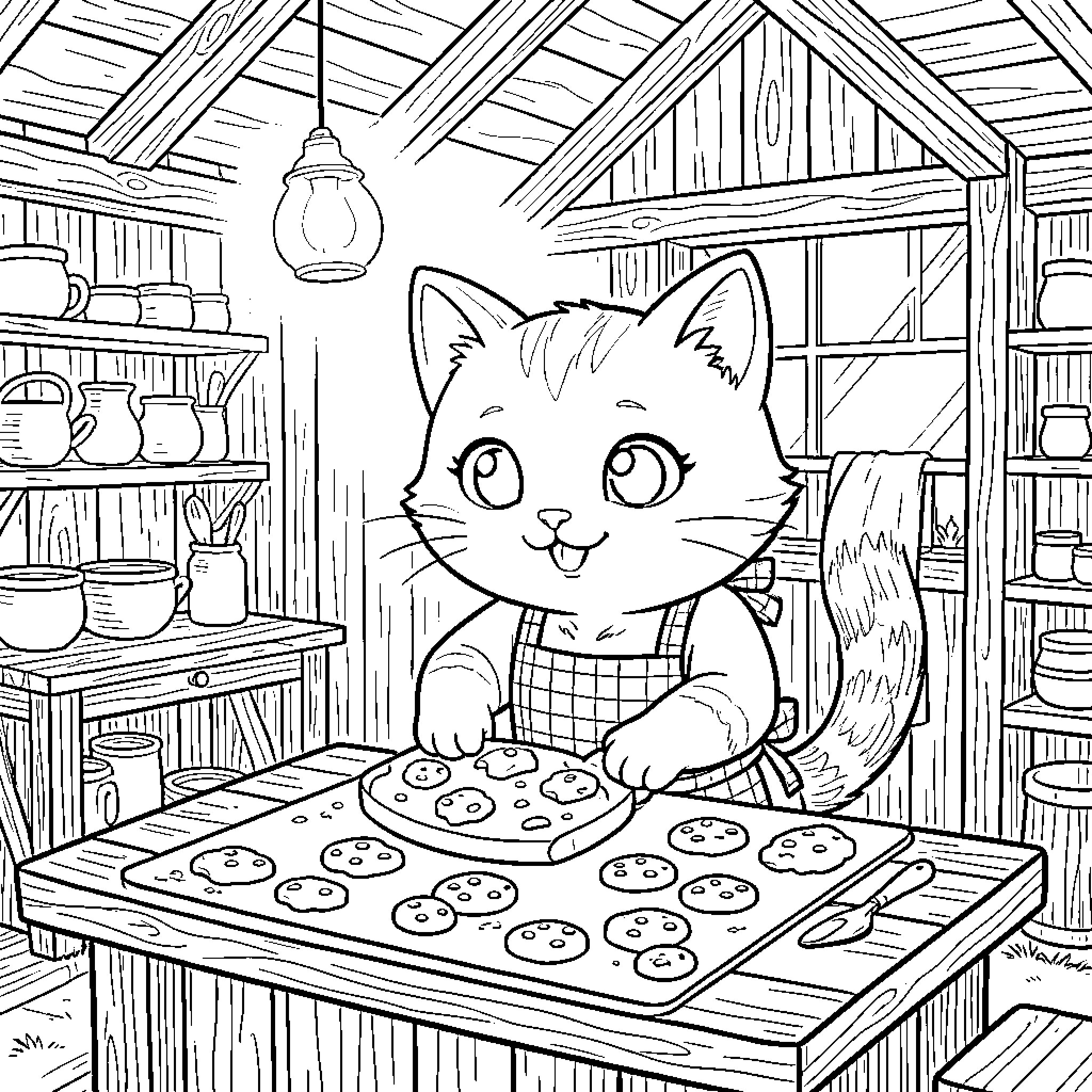 Cat baking cookies in a cozy kitchen Coloring Page (free black-and-white line drawing printable PDF for all, from beginners to advanced learners, including children, teens, adults, and seniors)