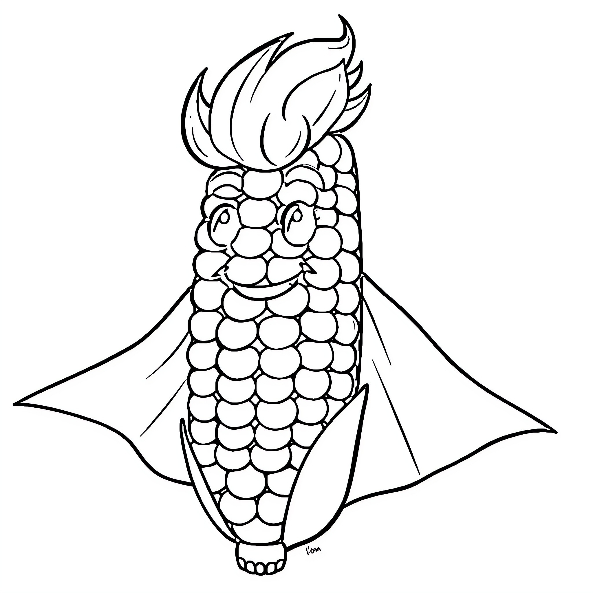Corn character with a whimsical appearance Coloring Page (free black-and-white line drawing printable PDF for all, from beginners to advanced learners, including children, teens, adults, and seniors)