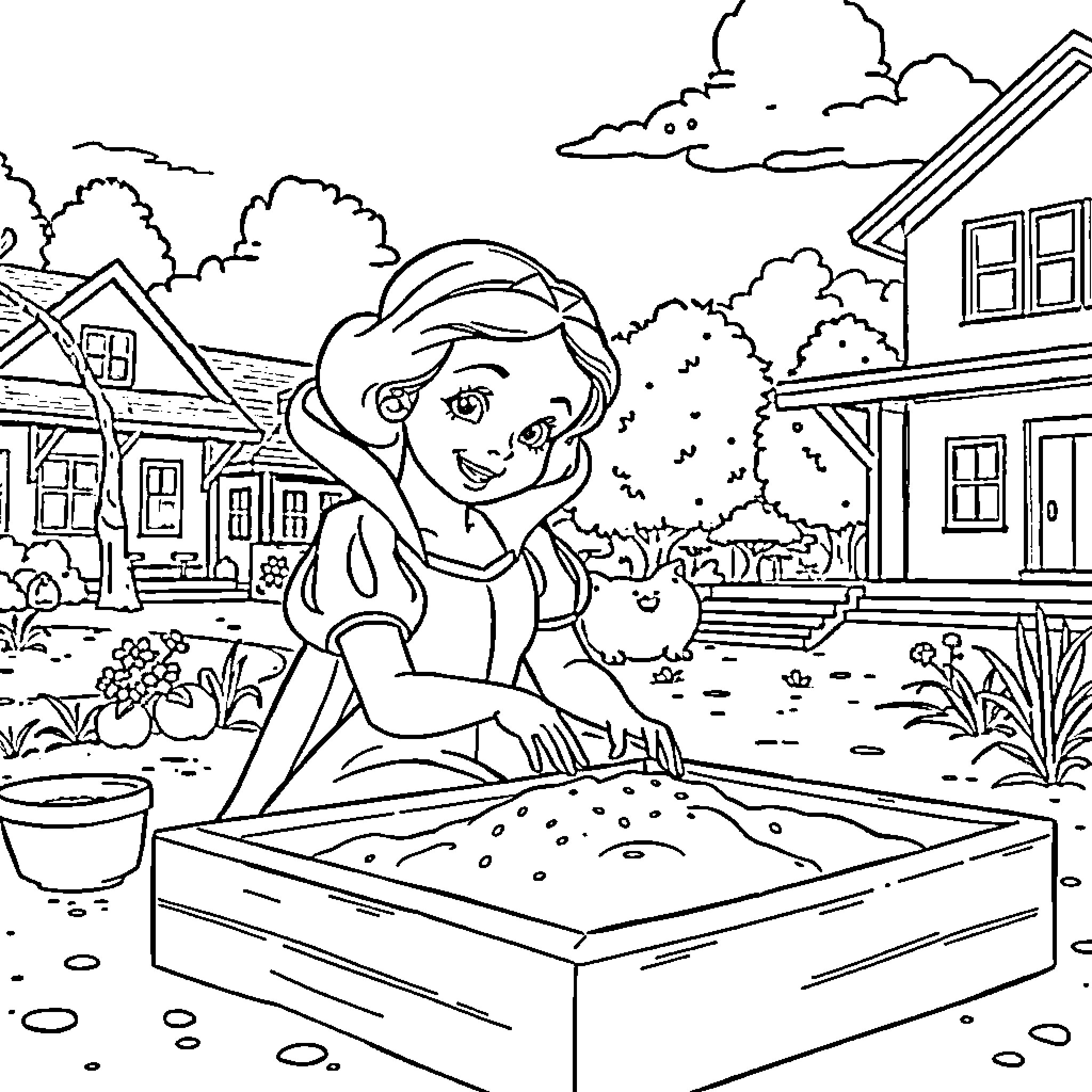Snow White Tending to Her Garden in the Countryside Coloring Page (free black-and-white line drawing printable PDF for all, from beginners to advanced learners, including children, teens, adults, and seniors)