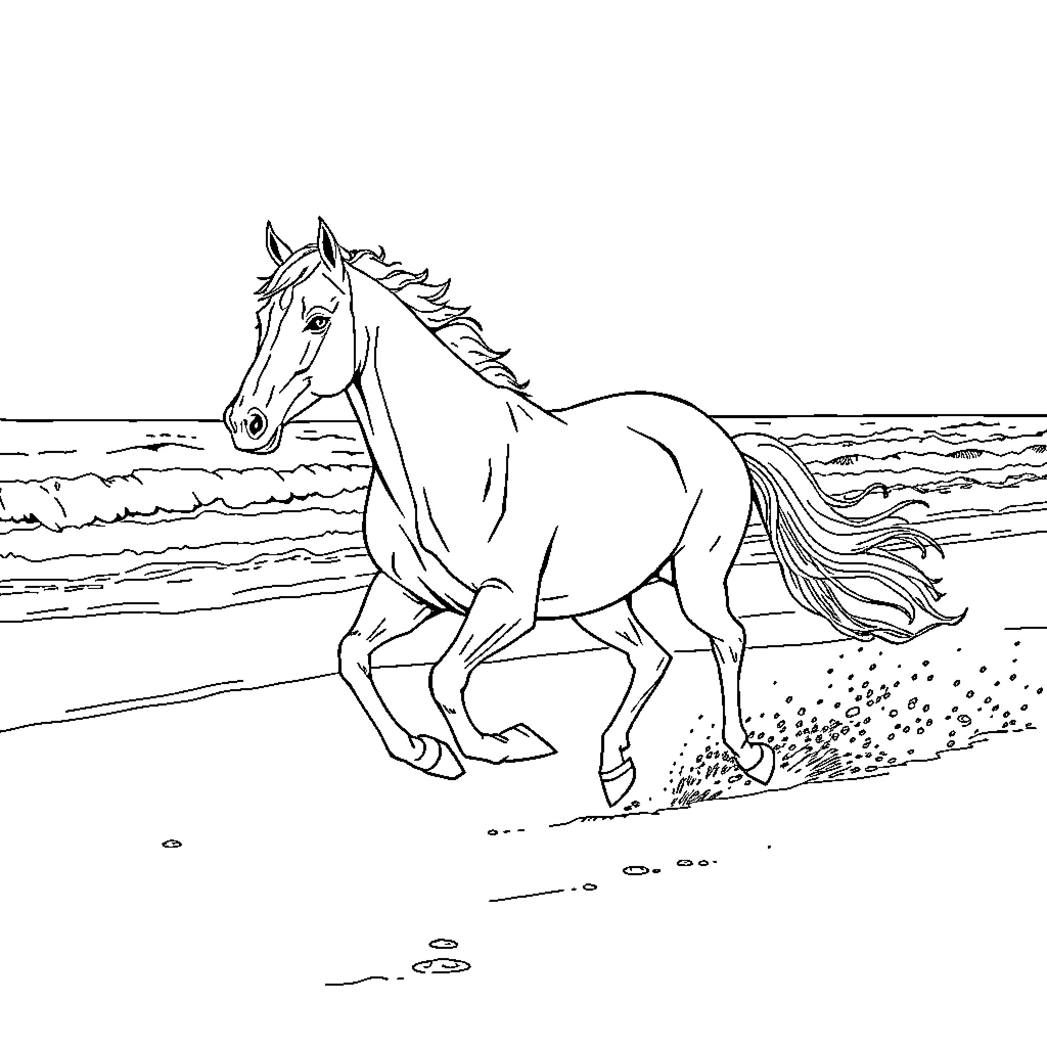 Horse galloping on the beach Coloring Page (free black-and-white line drawing printable PDF for all, from beginners to advanced learners, including children, teens, adults, and seniors)