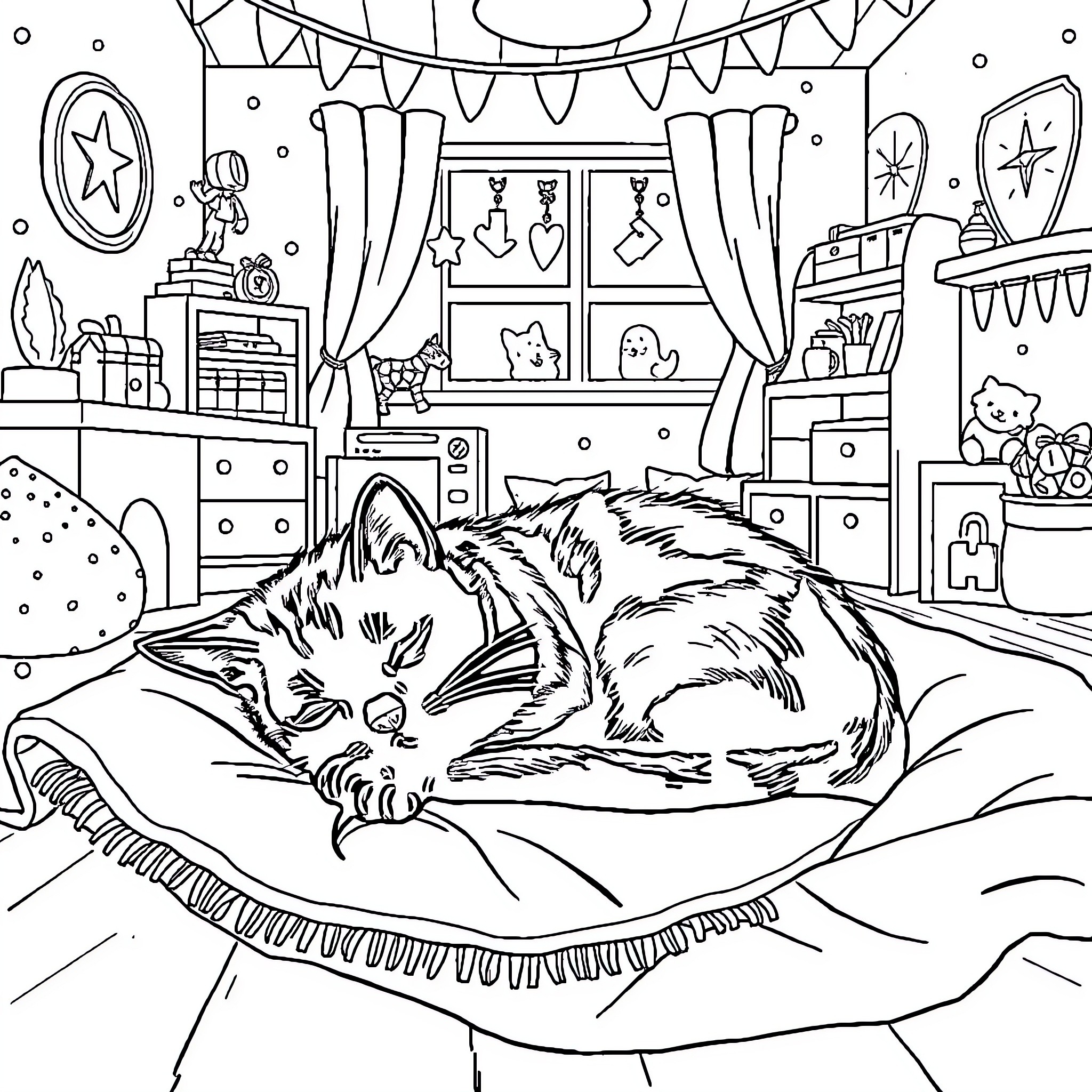 Cat napping peacefully in cozy room Coloring Page (free black-and-white line drawing printable PDF for all, from beginners to advanced learners, including children, teens, adults, and seniors)